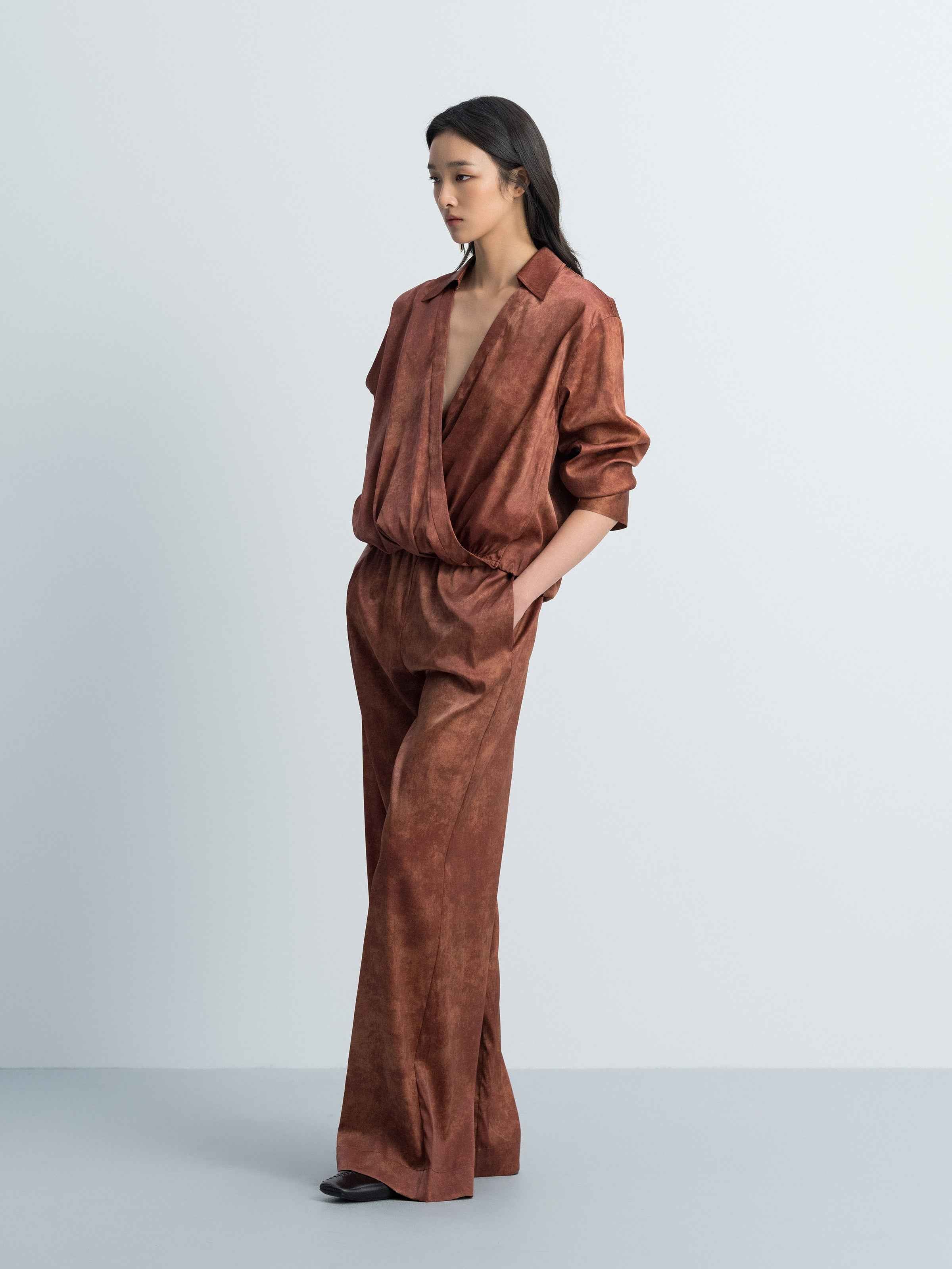Dark Red Stretch Mulberry Satin V-Neck Long-Sleeve Top
