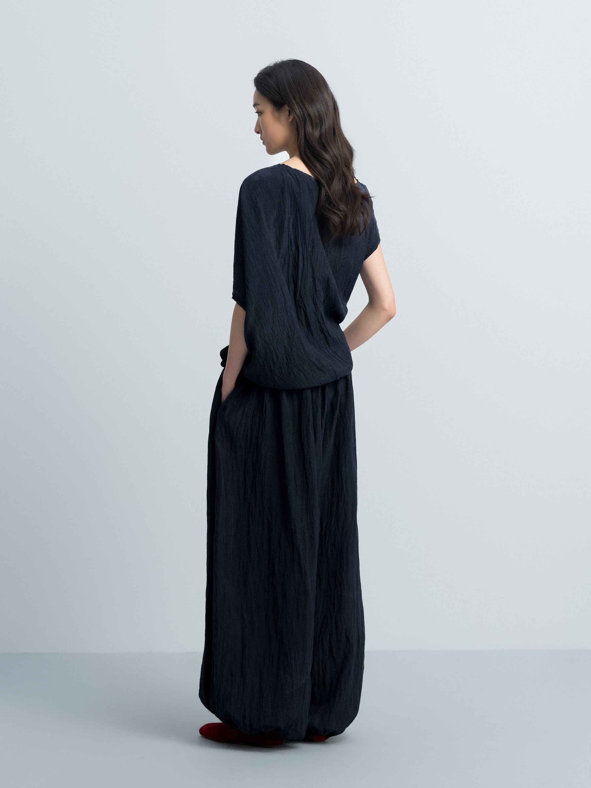 Navy Blue Tencel Snow-Washed Lantern Cuff Jogger Pants