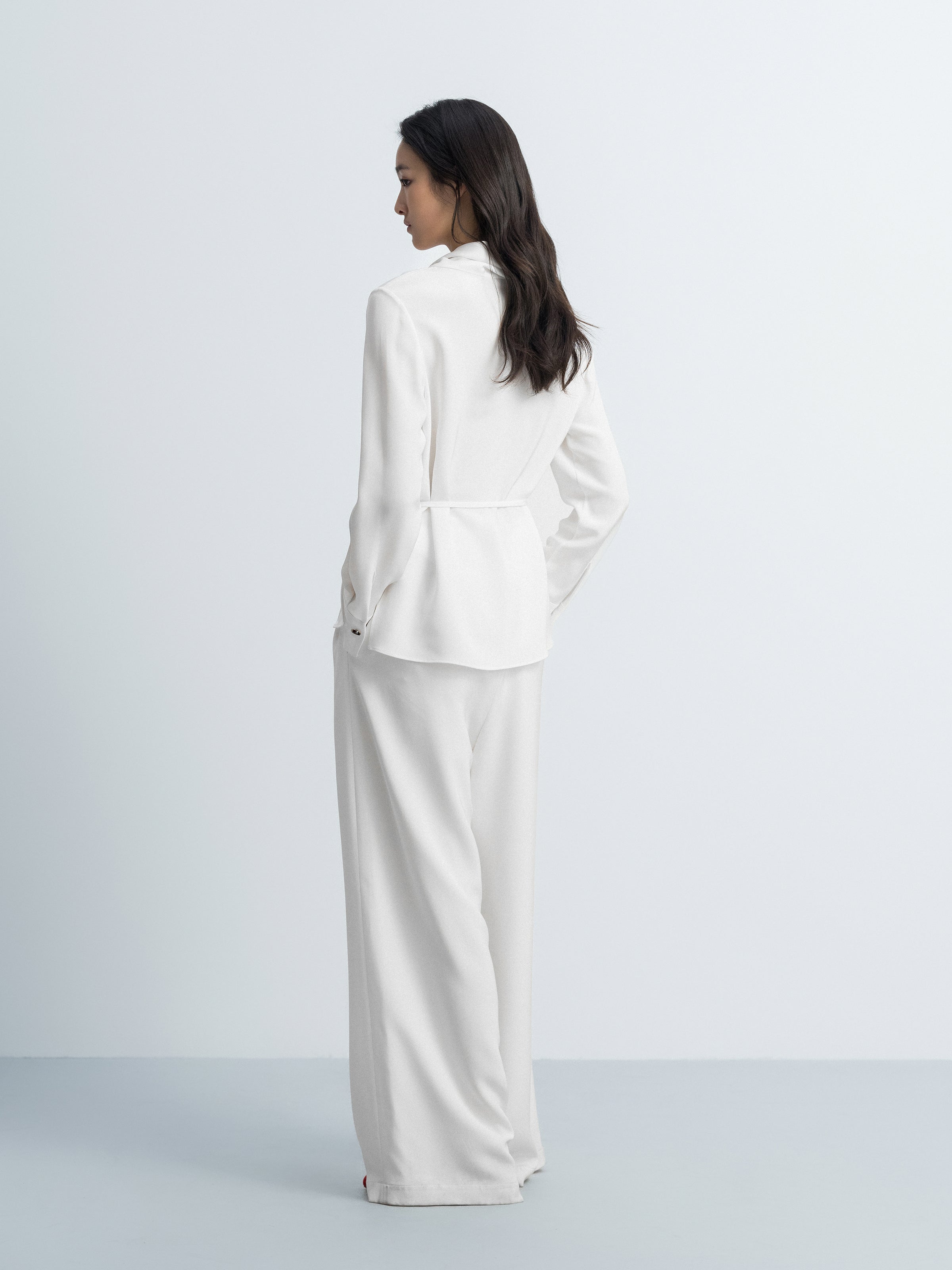 Cream White Mulberry Silk Drawstring Waist Long-Sleeve Top