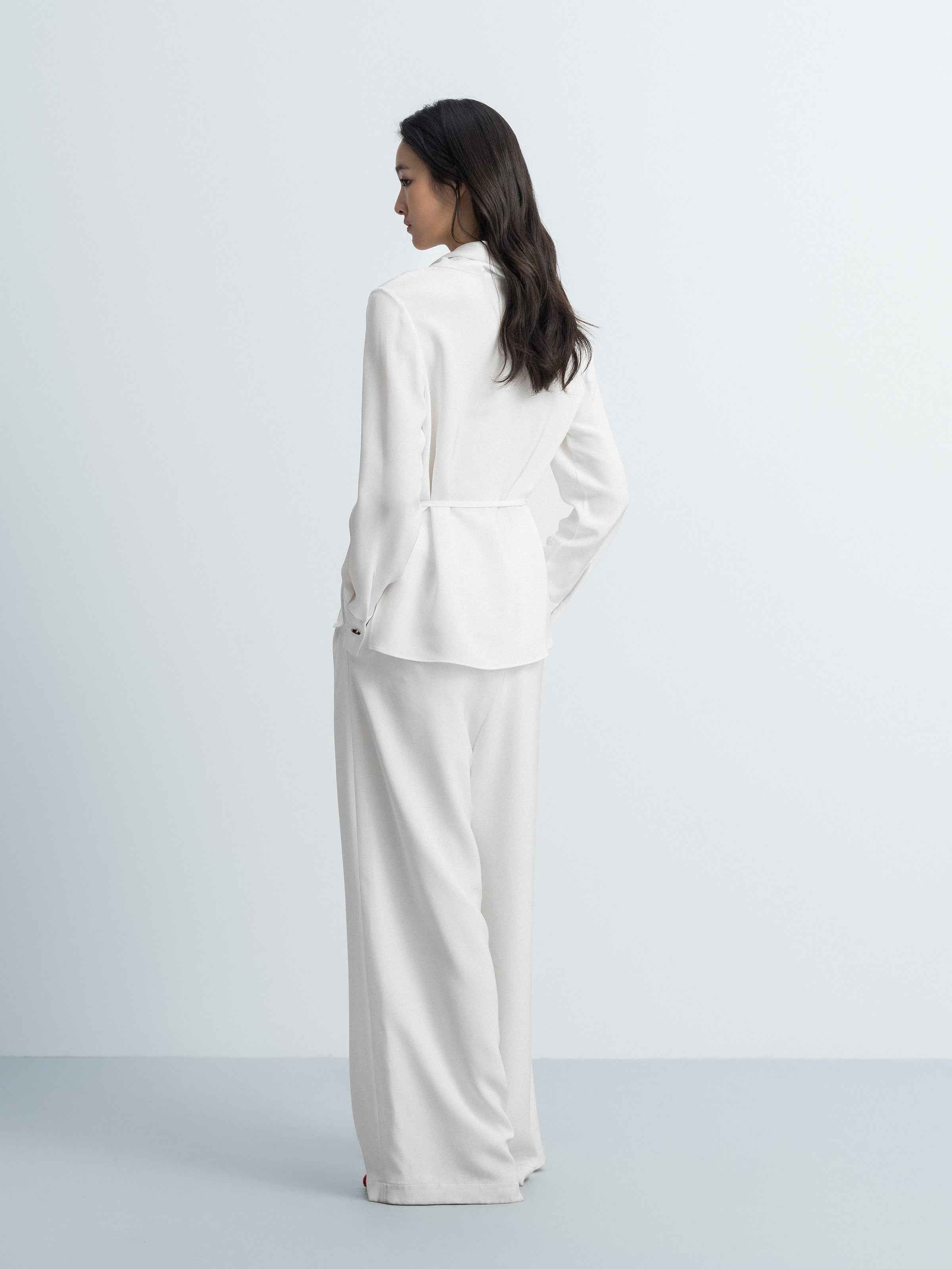 Cream White Mulberry Silk Drawstring Waist Long-Sleeve Top