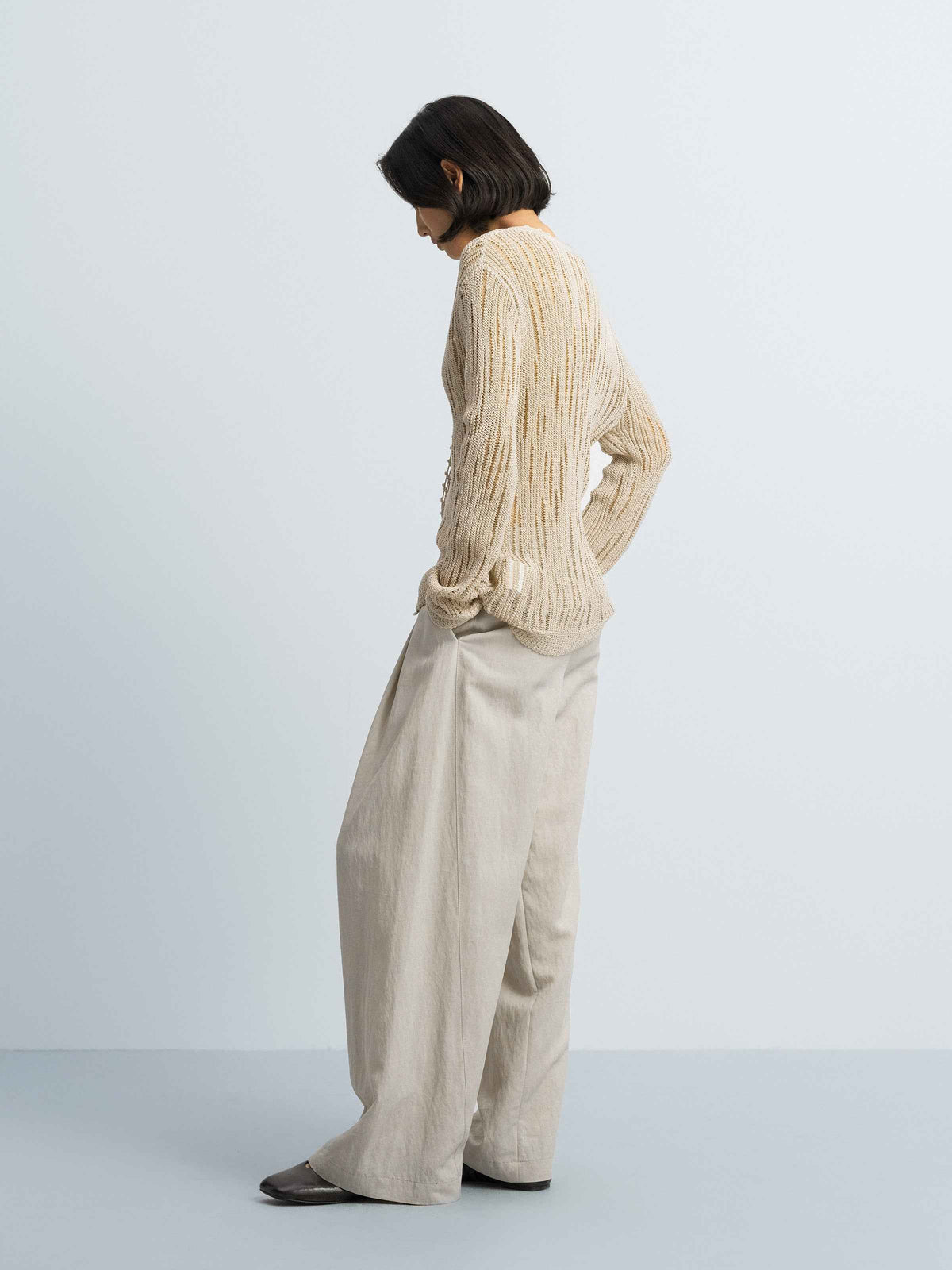 Light Khaki Openwork Floral Placket V-Neck Knit Cardigan