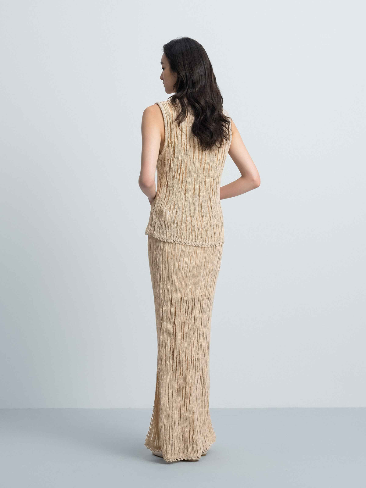 Light Khaki Openwork Lace Trim Side Slit Knit Skirt