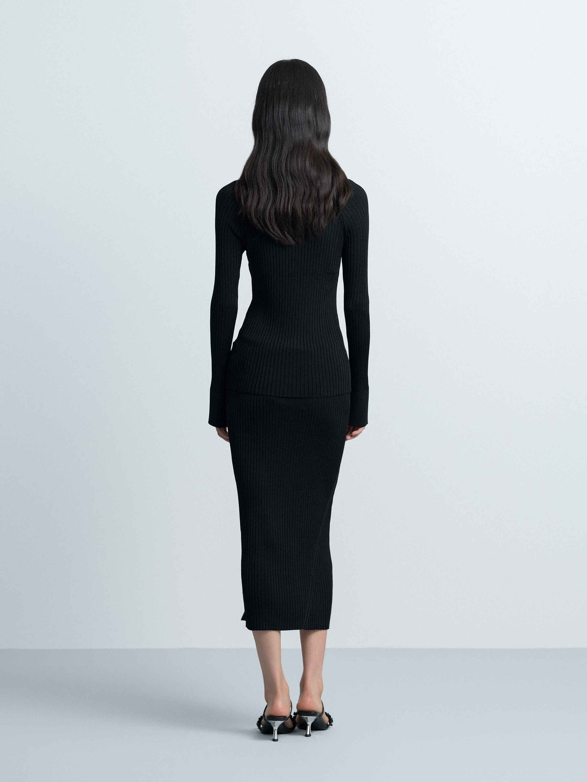 Black Viscose Blend Straight Asymmetric Slit Midi Skirt