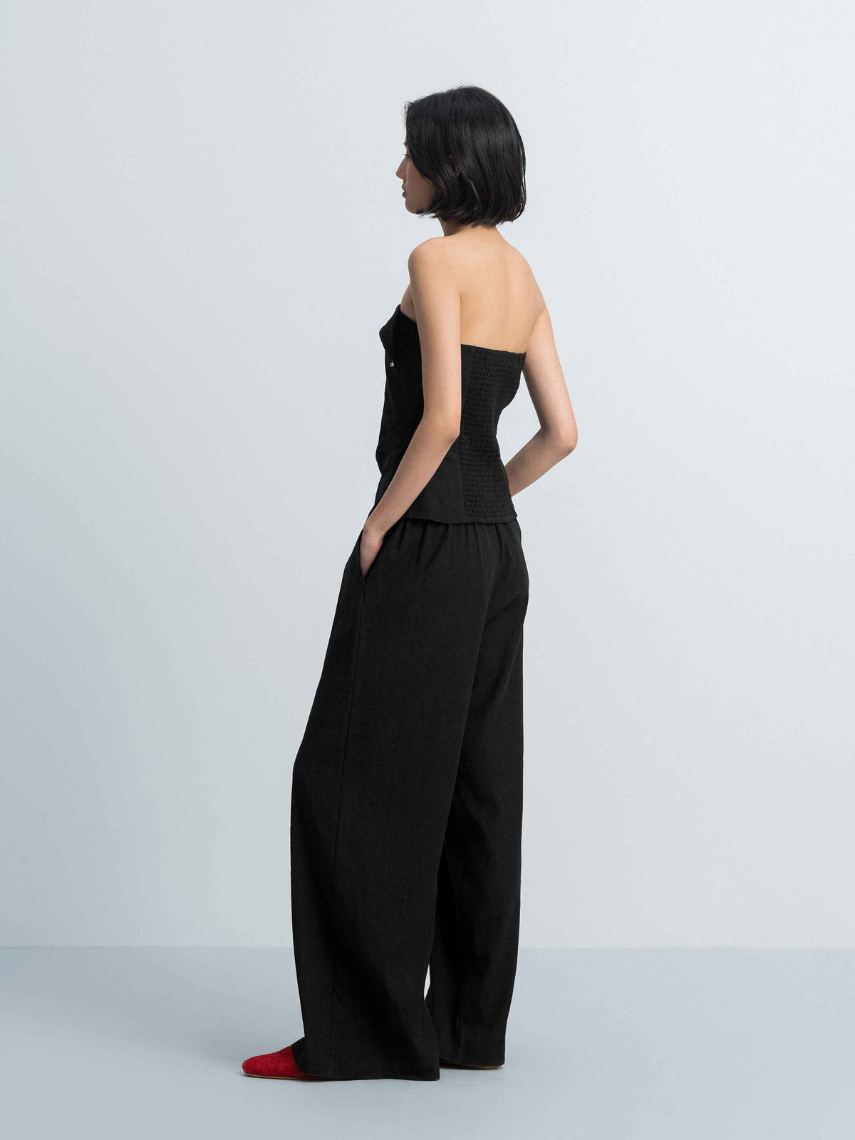 Black Linen Blend Double Pleat Wide-Leg Trousers