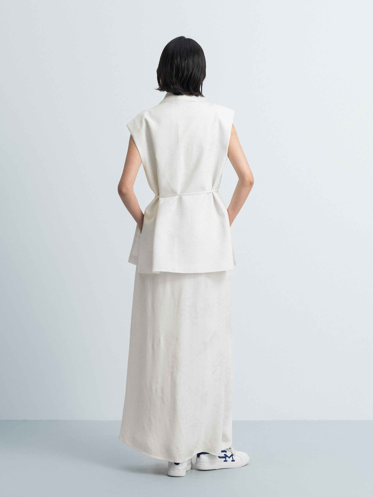 Cream White Rayon Jacquard A-Line Front Pleat Skirt