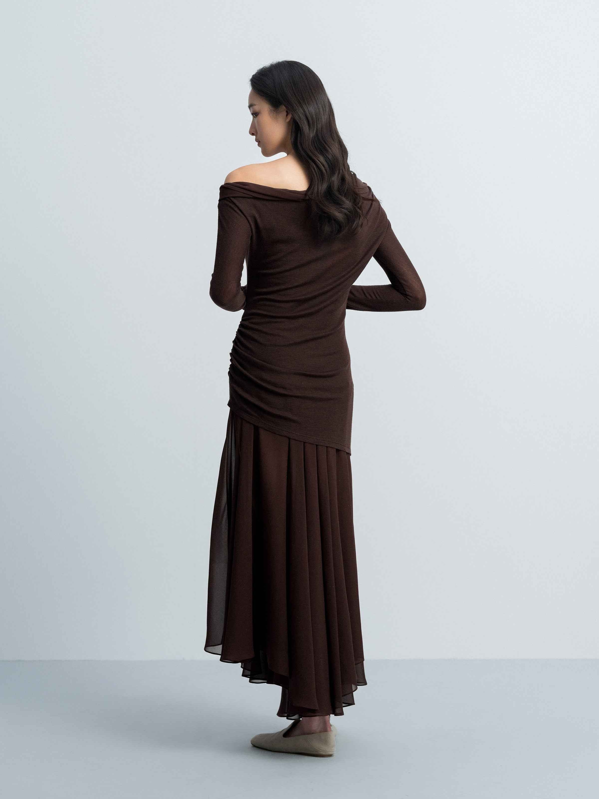Coffee Brown Knit Silver Foil Chiffon One-Shoulder Long-Sleeve Dress