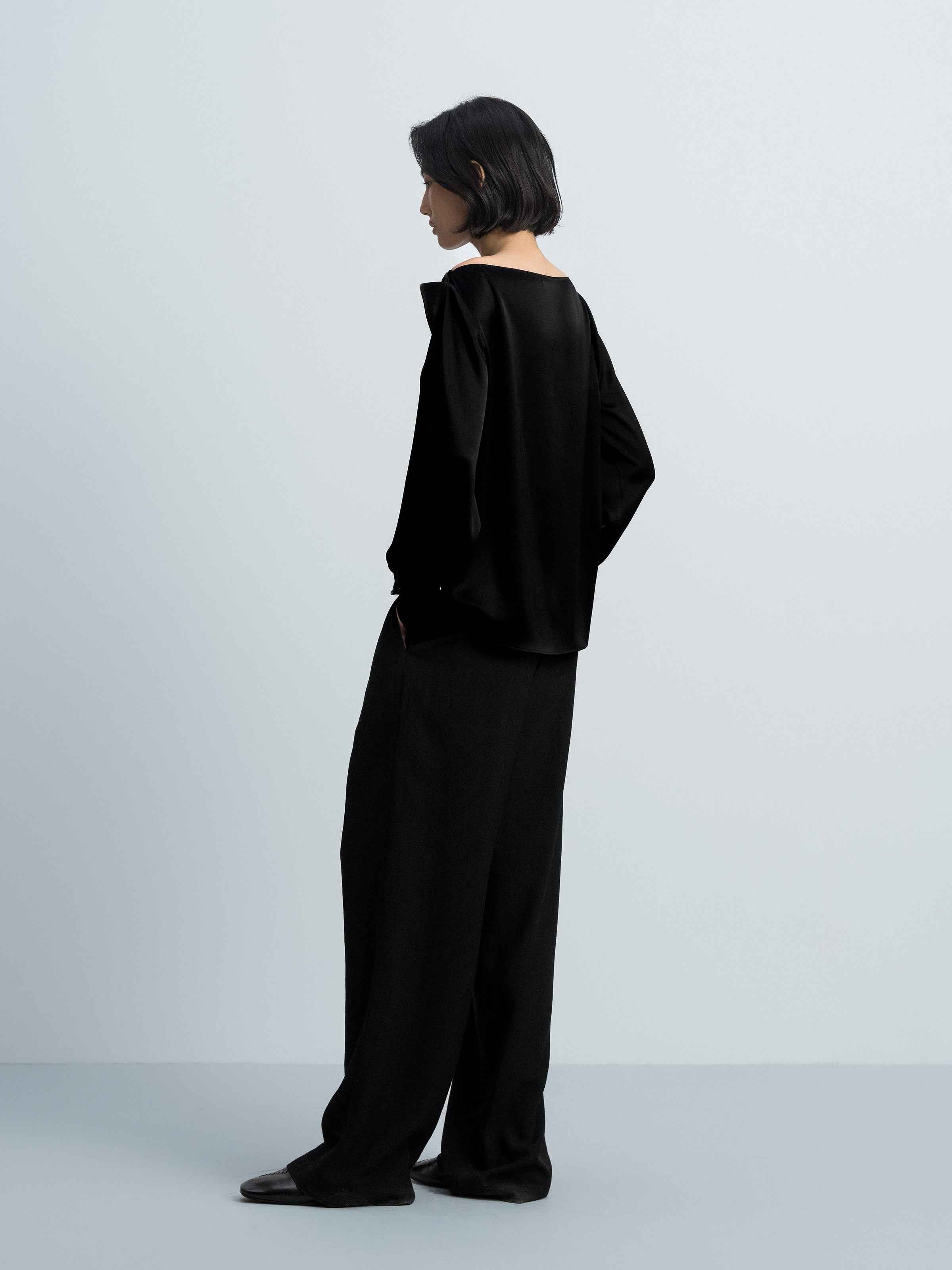 Black Acetate Double Satin Boat Neck Crossover Top