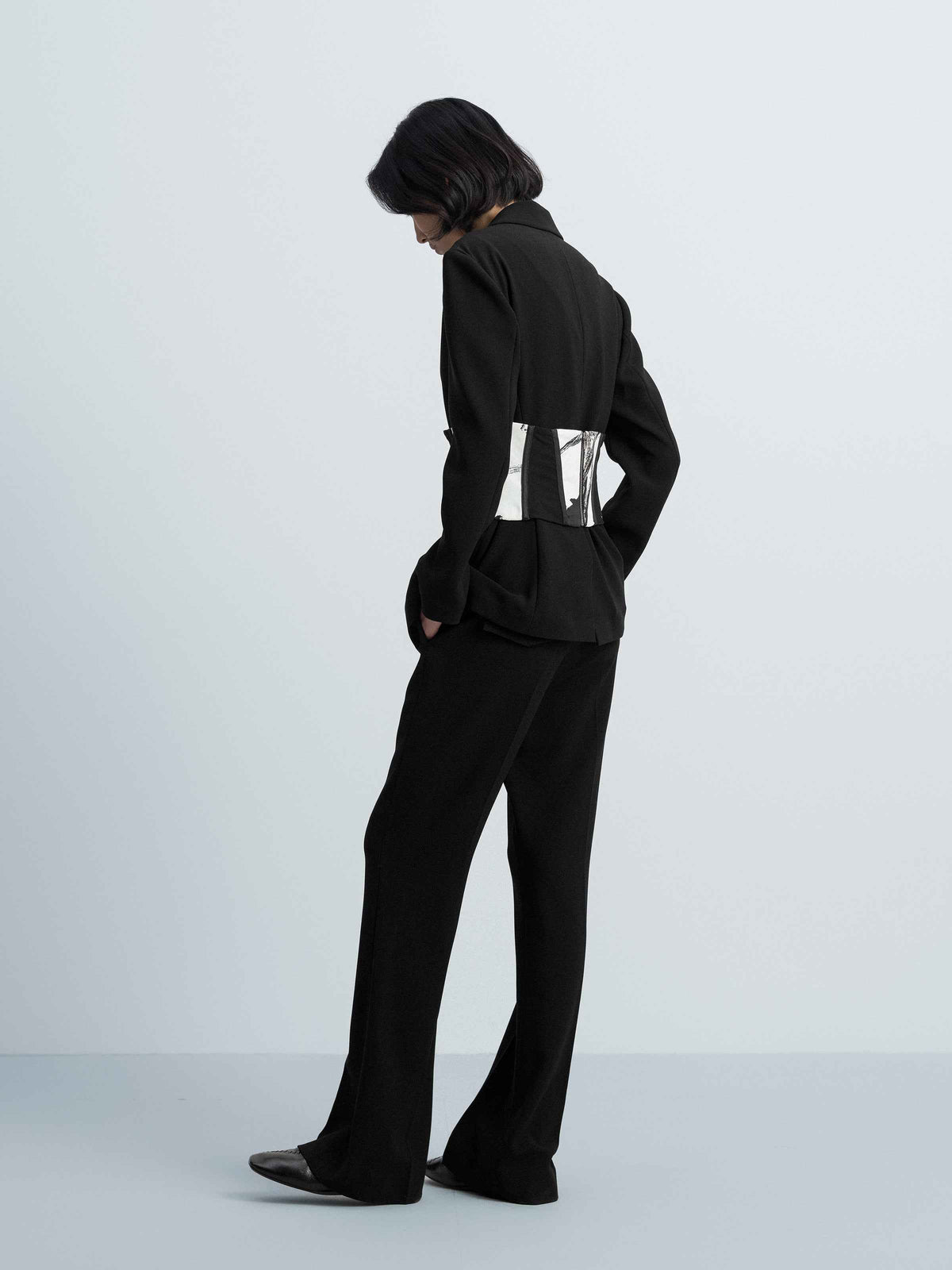 Black Triacetate Polyester Fitted Waist Detachable Belt Blazer