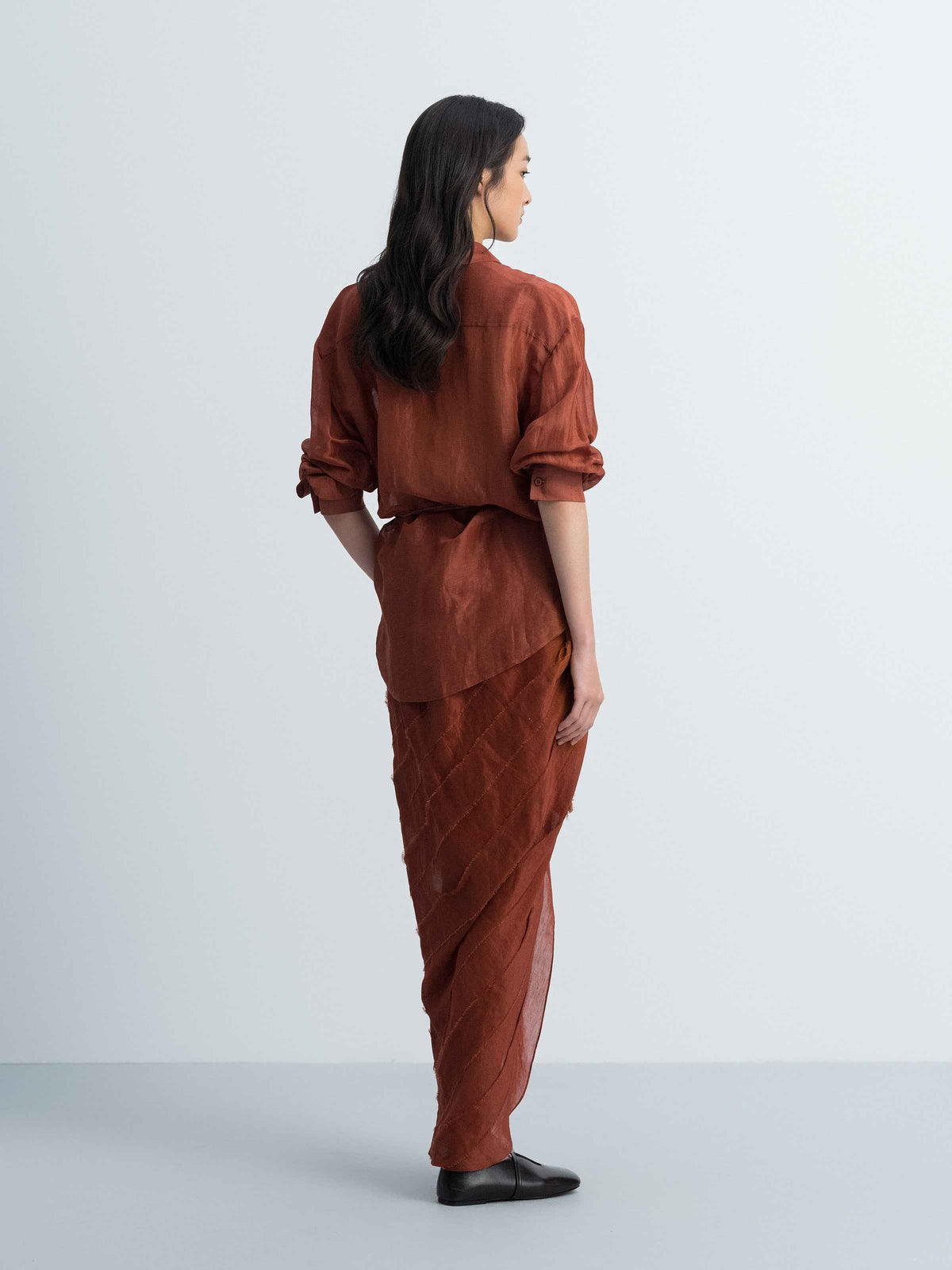 Dark Red Silk Linen Bead Tie Drop-Shoulder Long-Sleeve Shirt