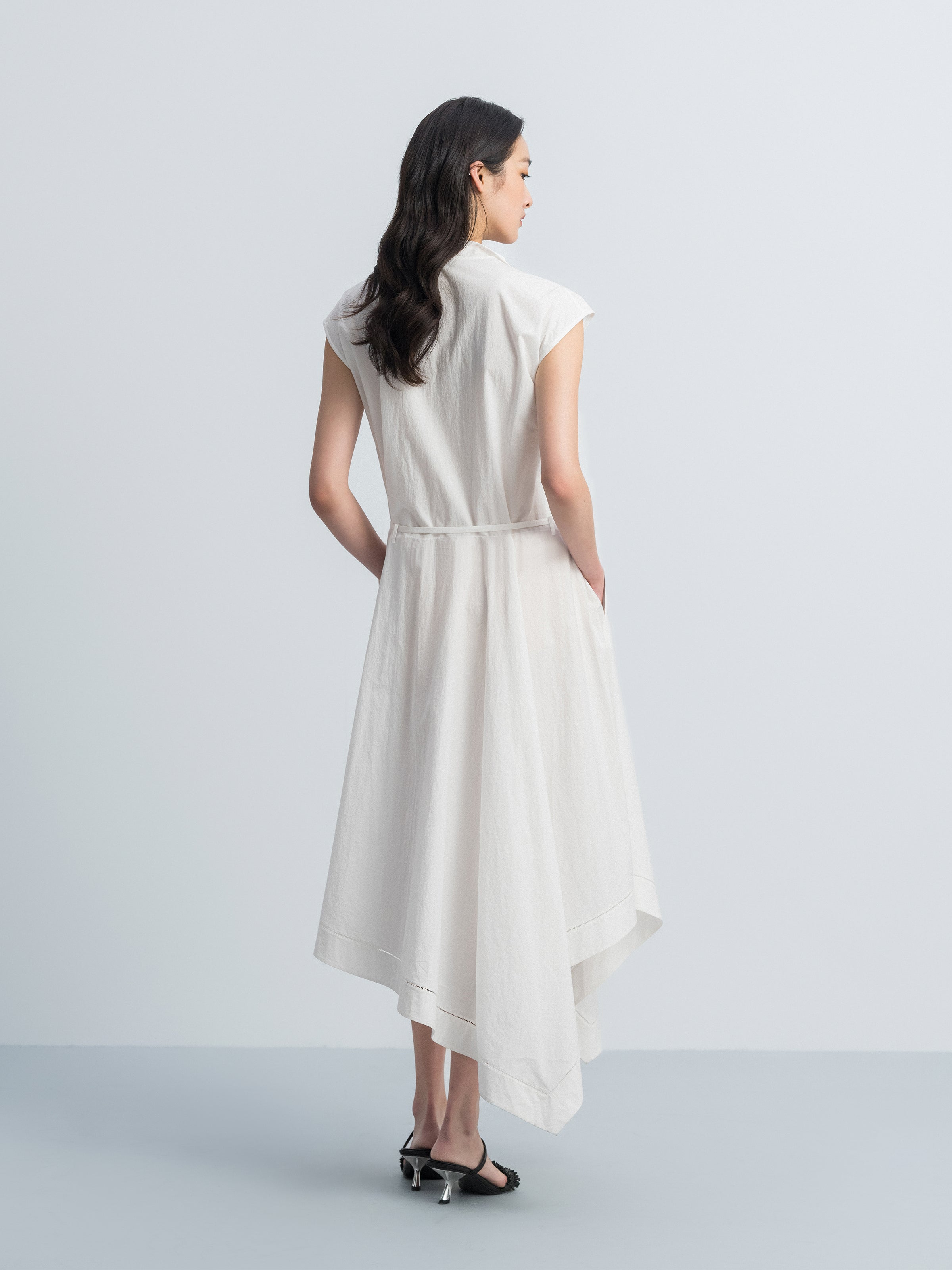 Off White Cotton Crinkle Draped Neck Belt Waist Dress