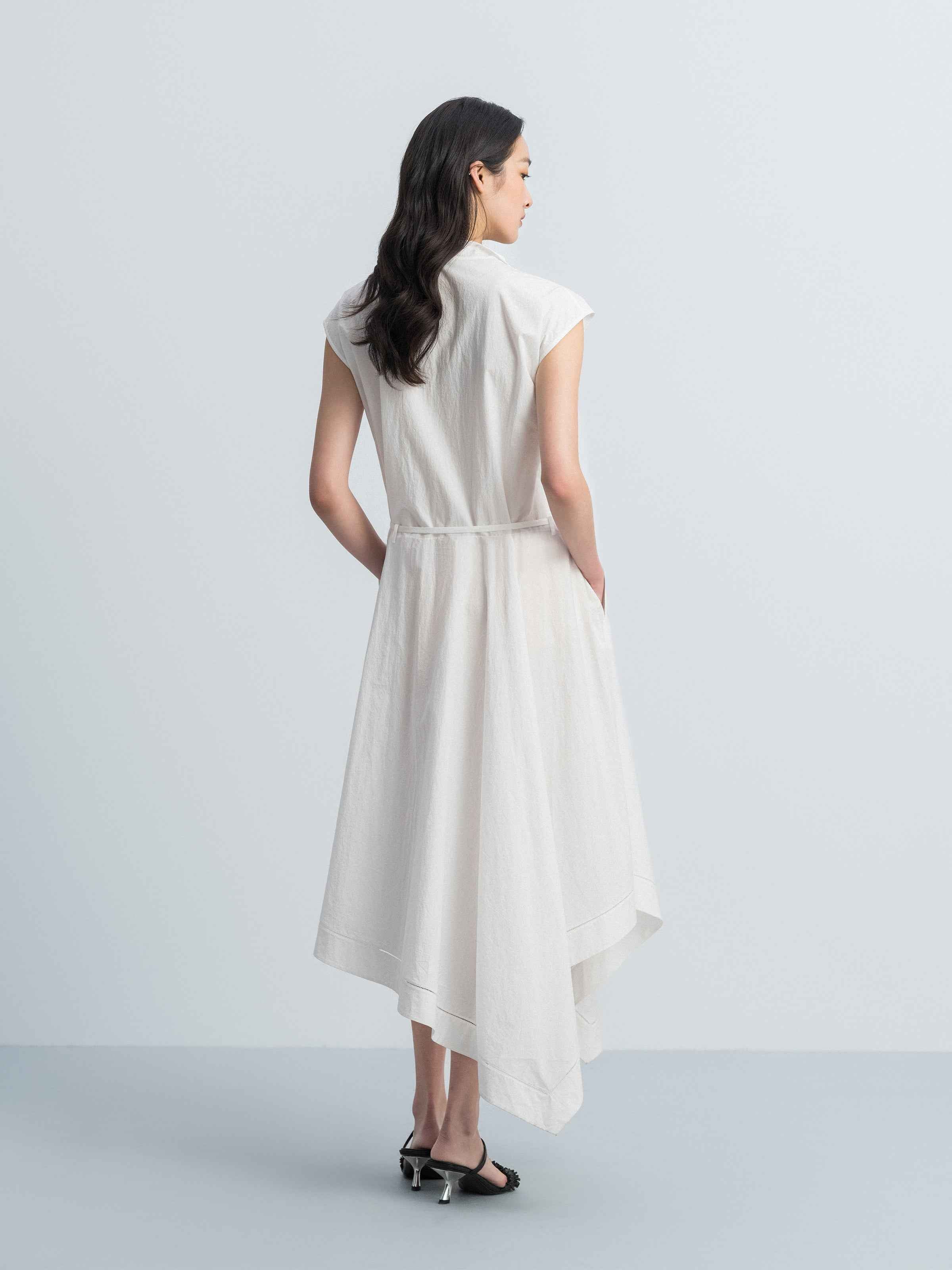 Off White Cotton Crinkle Draped Neck Belt Waist Dress