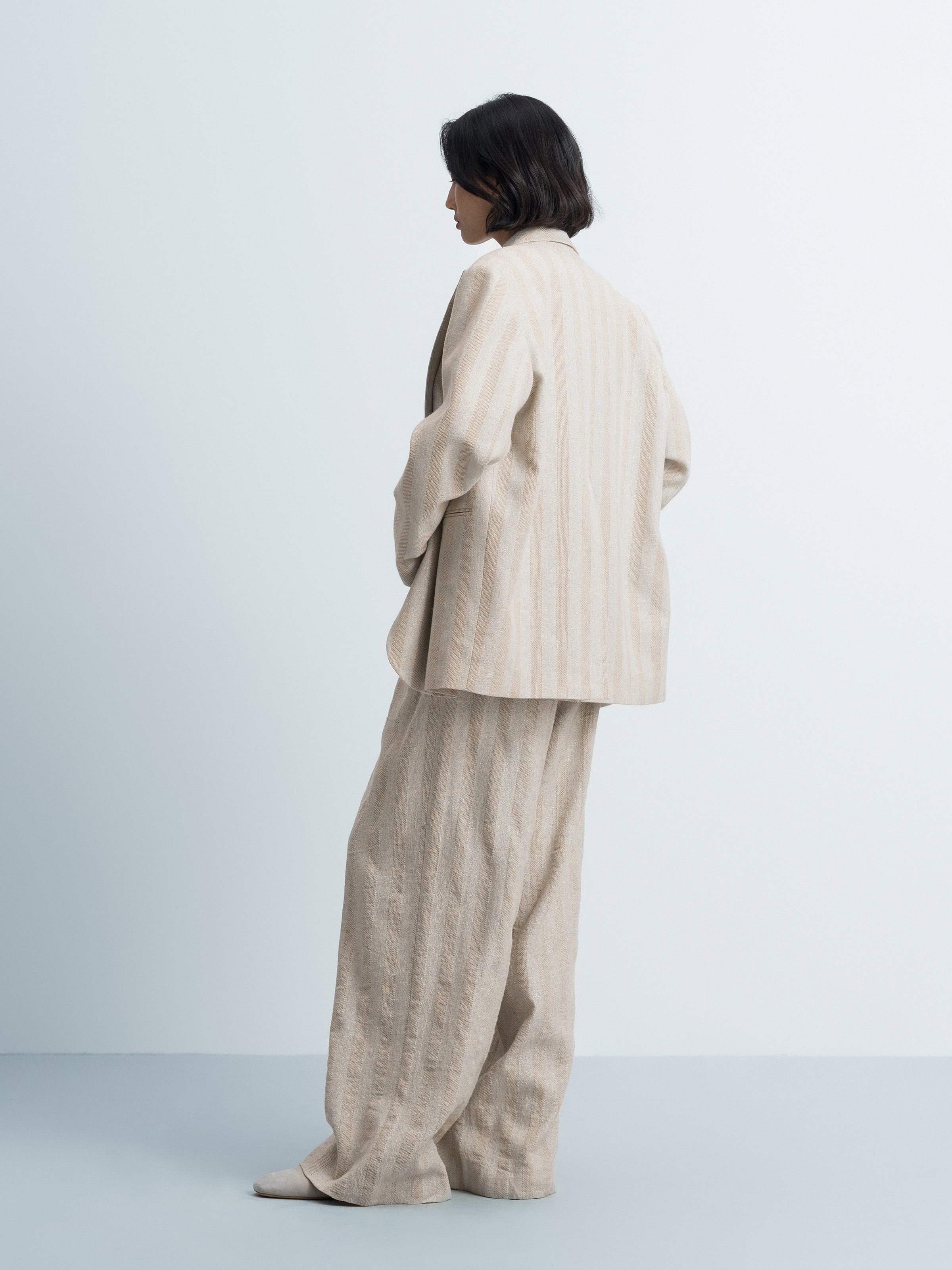 Beige Cotton Linen Peak Lapel Straight Blazer