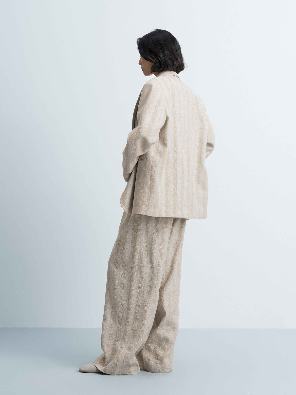 Beige Cotton Linen Peak Lapel Straight Blazer