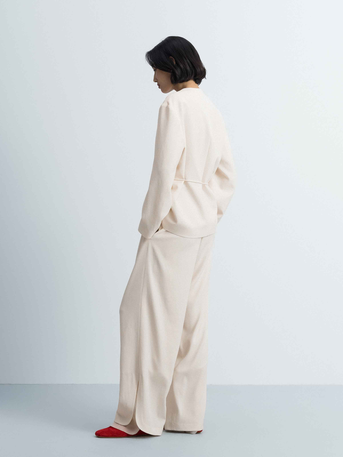Cream White Triacetate Organza Mesh Wide-Leg Trousers