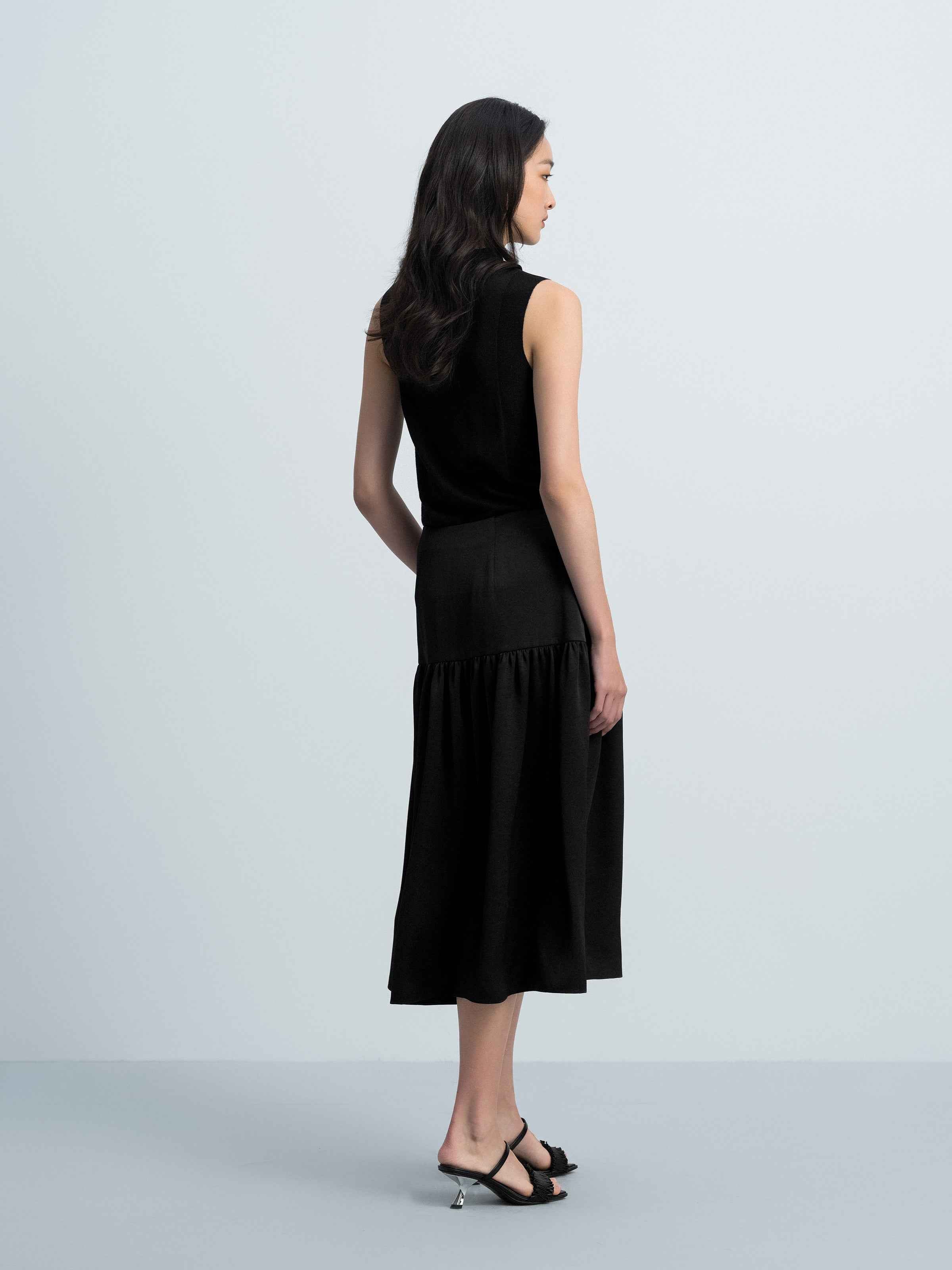 Black Triacetate 3D Pleat Ruched Patchwork Midi Skirt