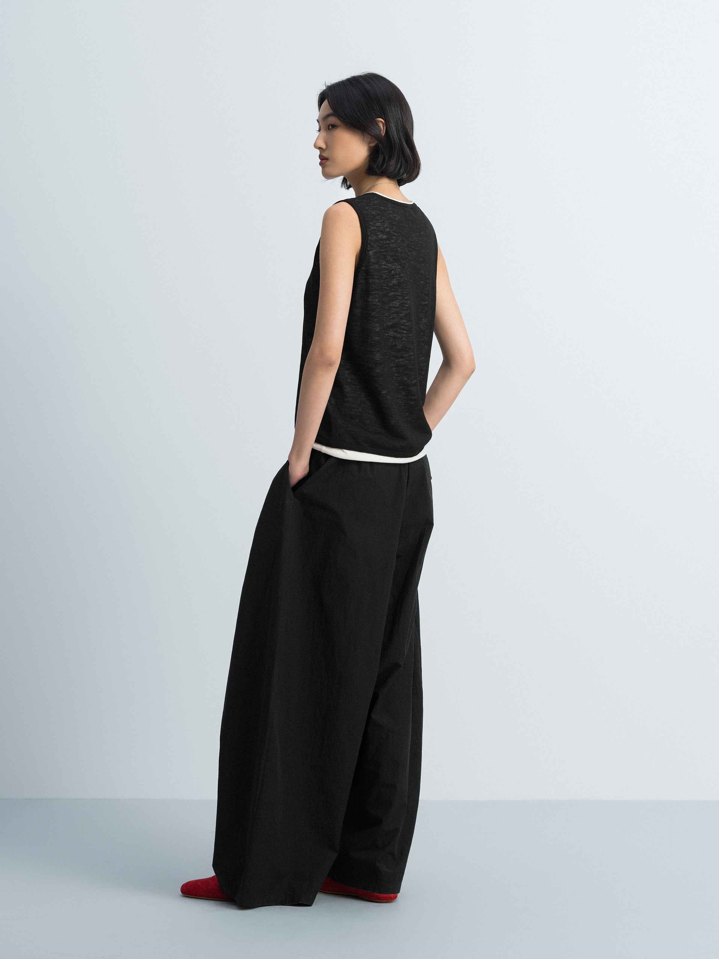Black Washed Pima Cotton Tapered Pocket Flap Trousers
