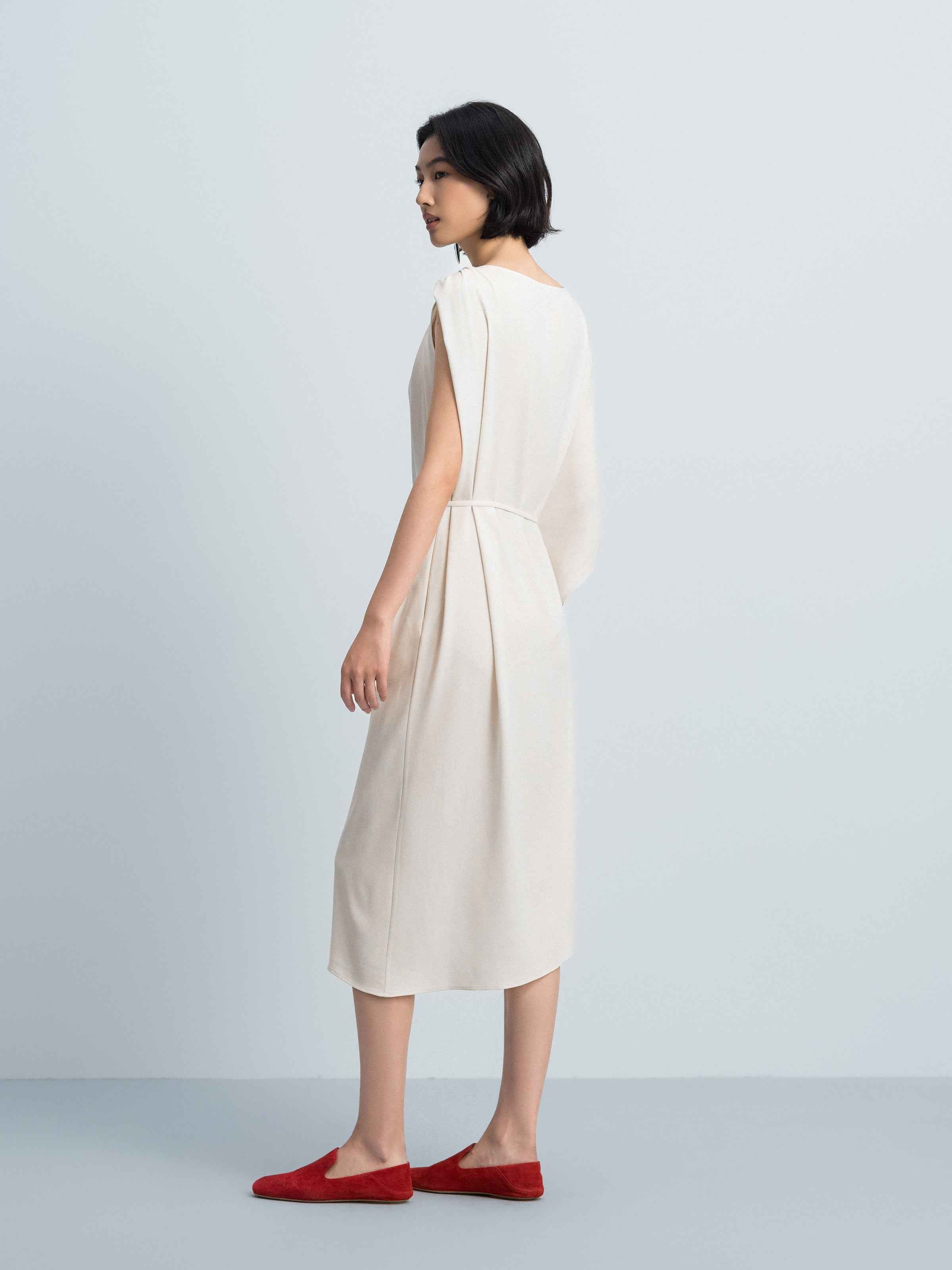 Cream White Acetate Satin Boat Neck Asymmetric Dress