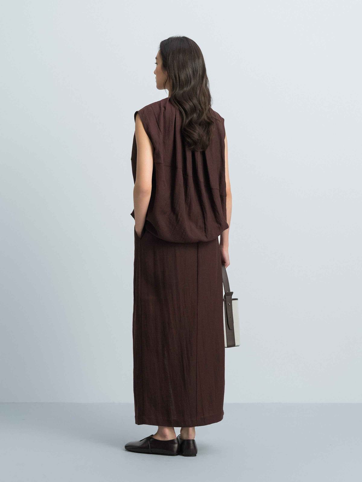 Coffee Brown Linen Blend Front Slit Elastic Long Skirt