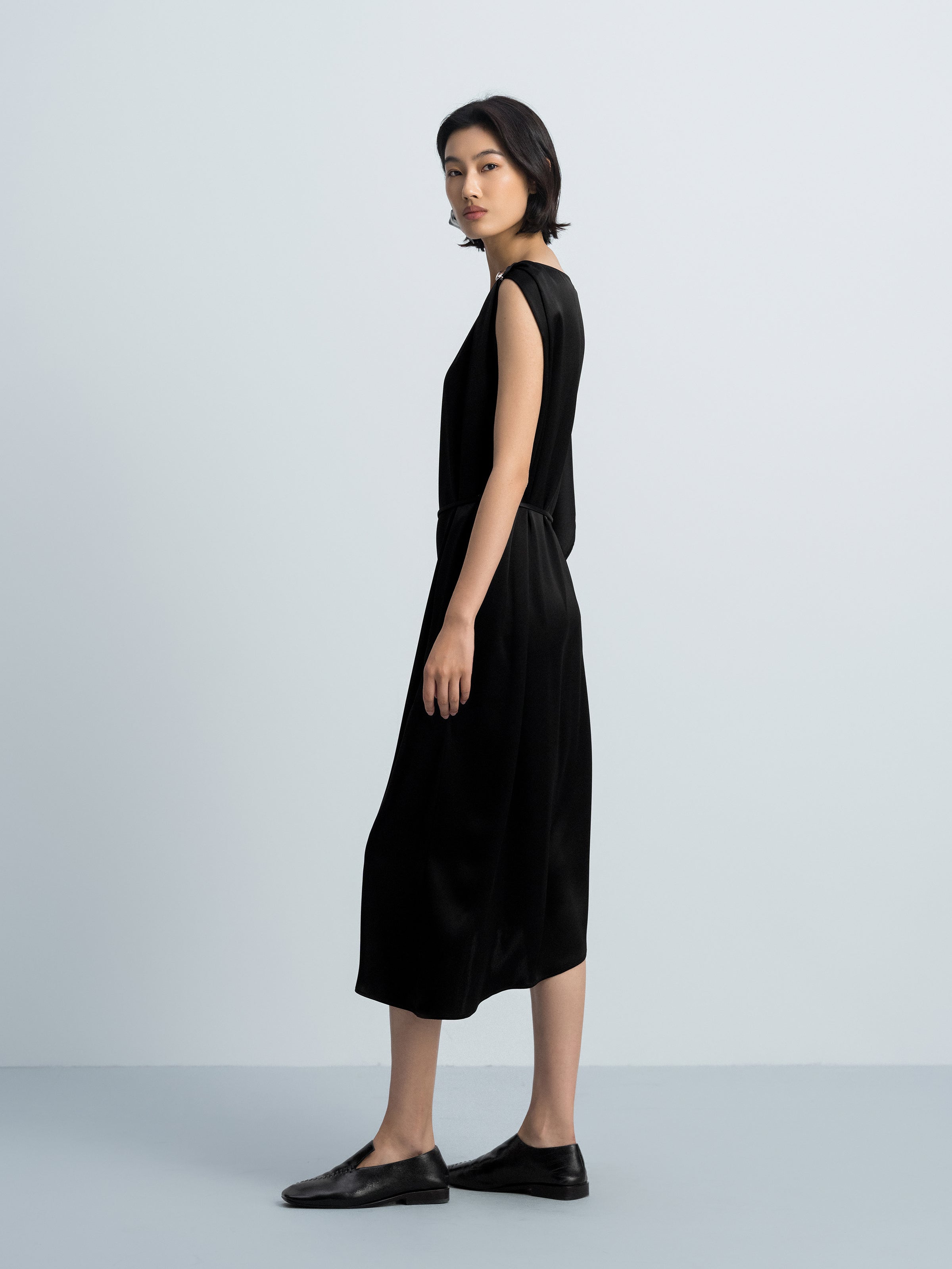 Black Acetate Satin Boat Neck Asymmetric Sleeve Dress
