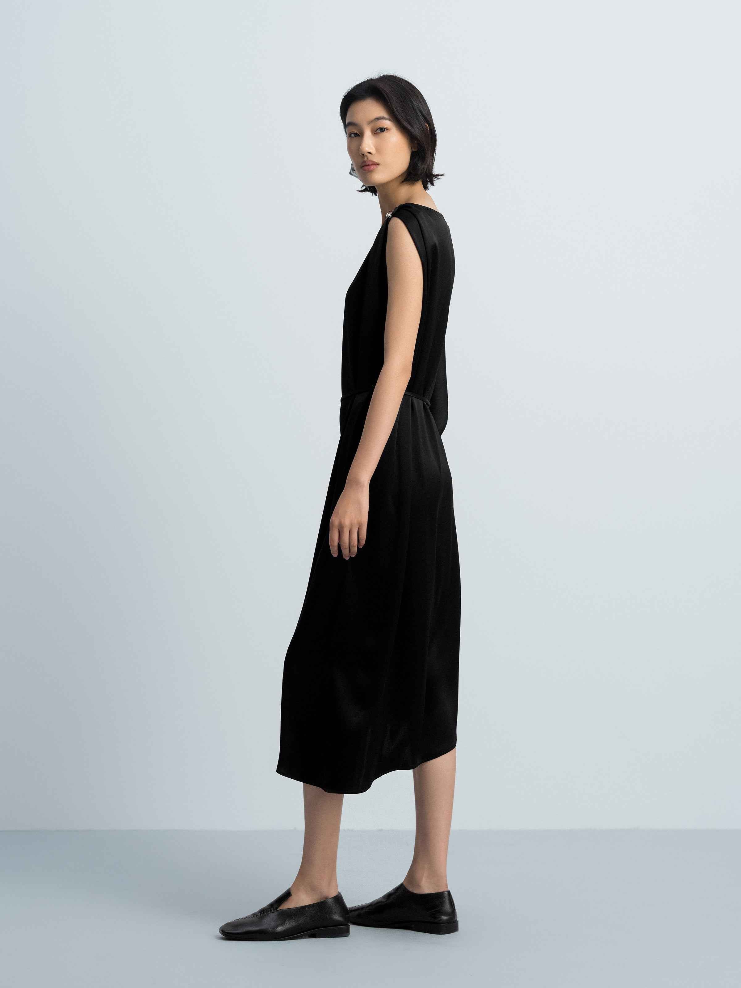 Black Acetate Satin Boat Neck Asymmetric Sleeve Dress