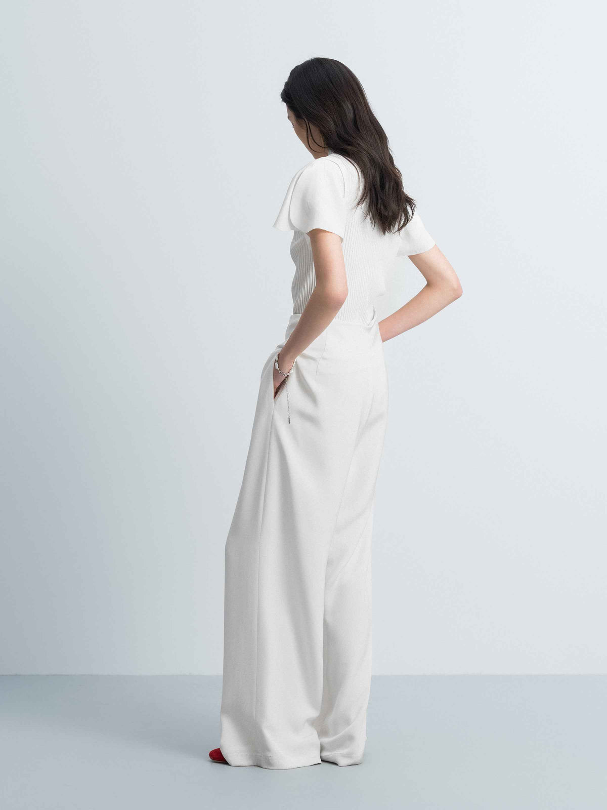Cream White Silk Knit Patchwork Ruffle Sleeve Top