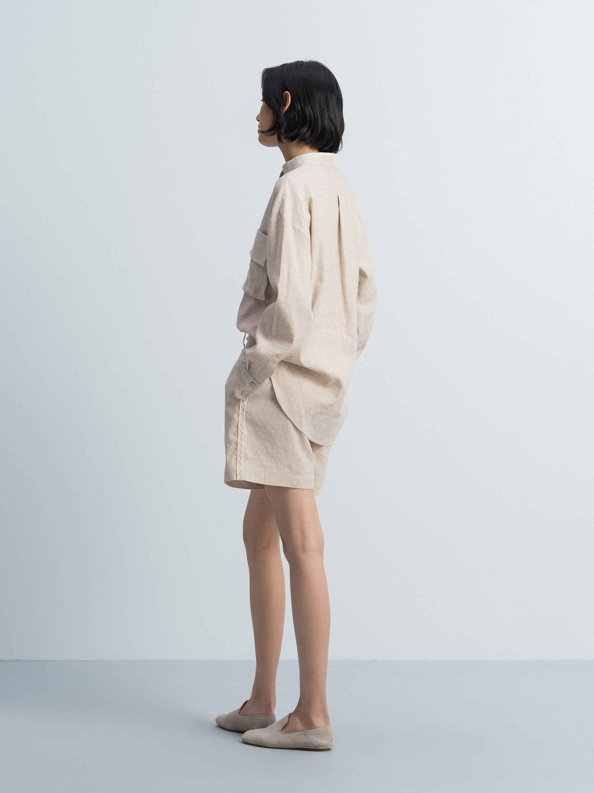 Oatmeal Linen Blend Integrated Waist Wide-Leg Shorts