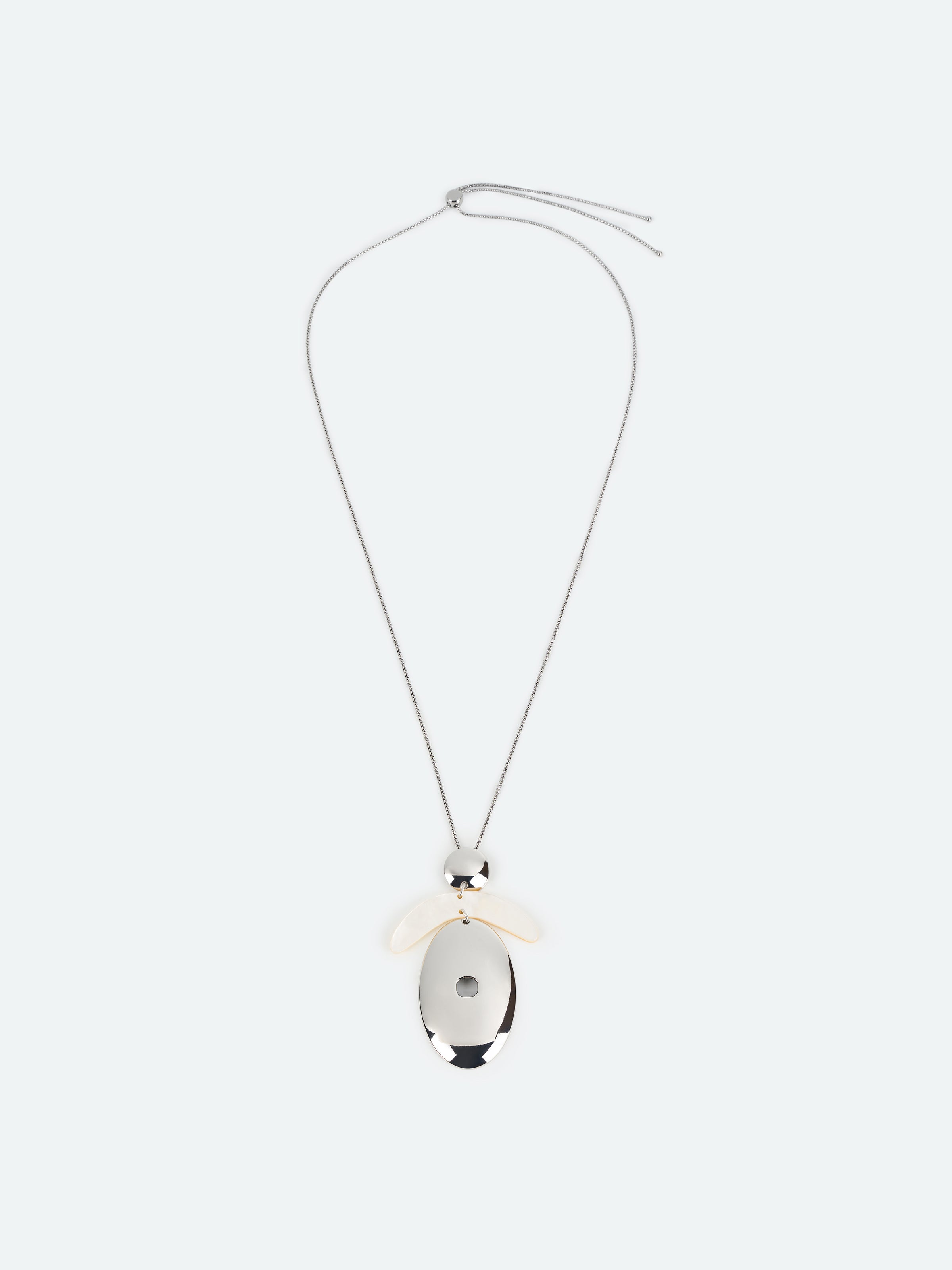 Silver Mother of Pearl Crescent Oval Pendant Necklace