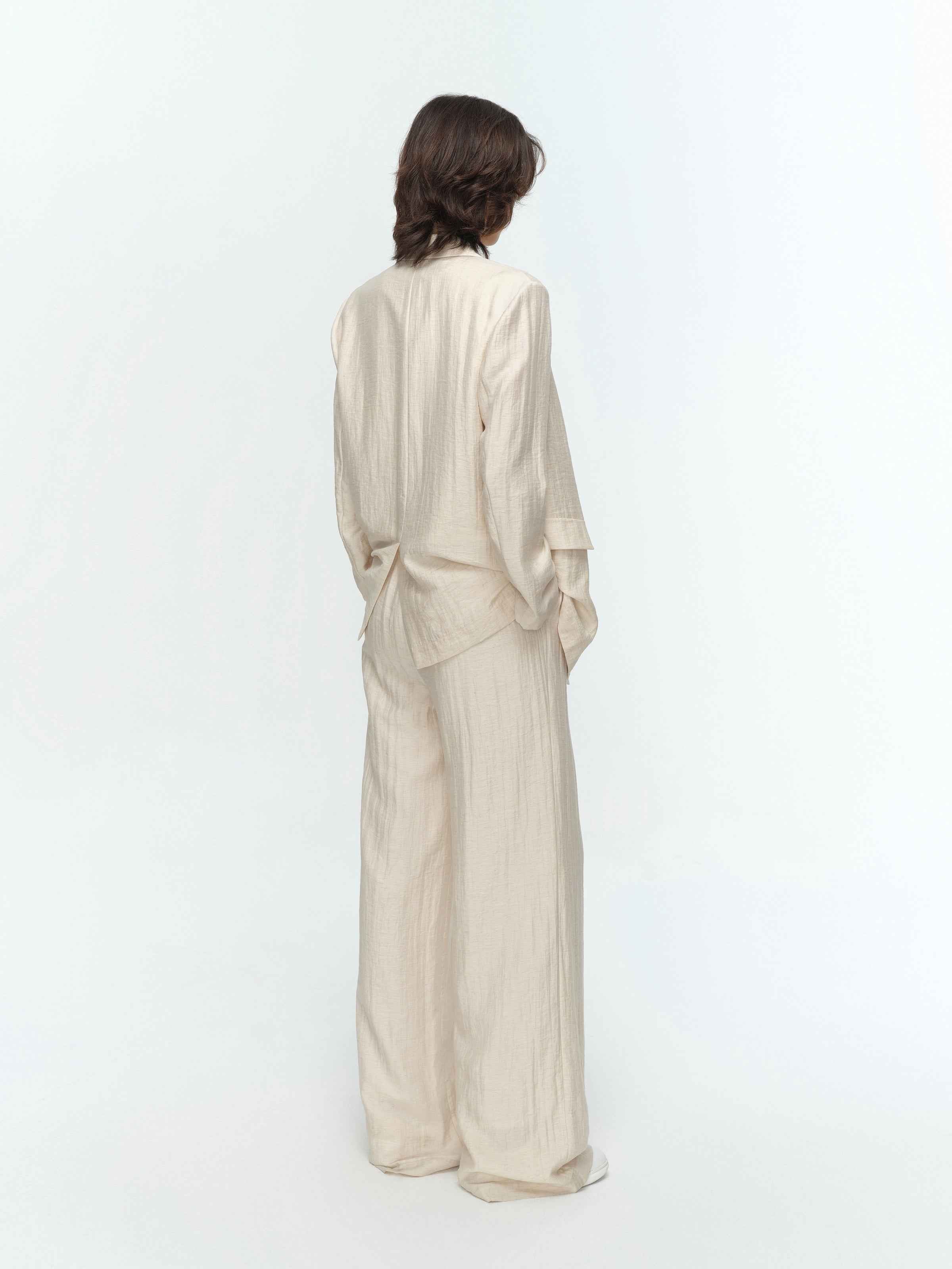 Cream White Linen Shell Button Straight Blazer