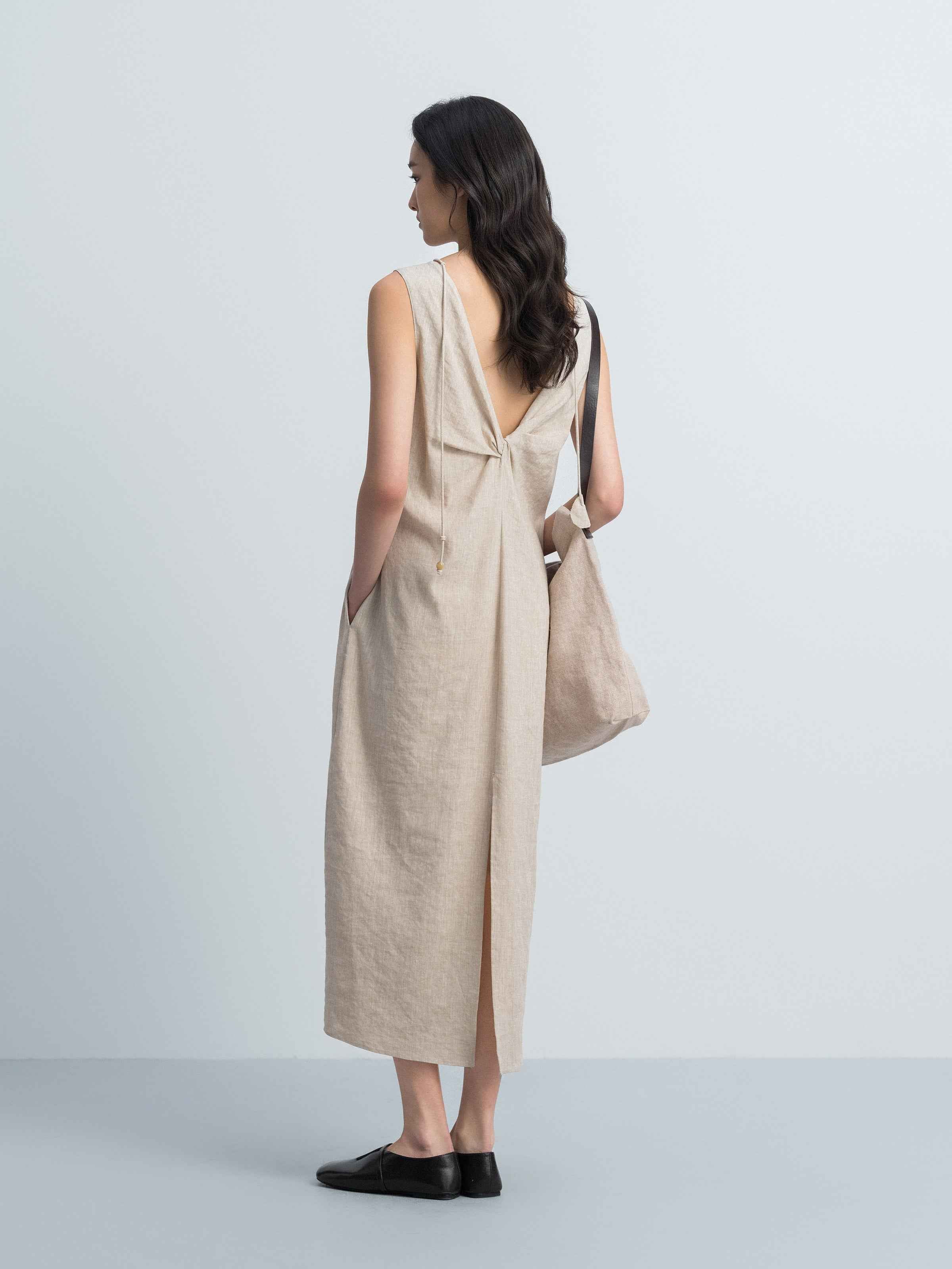 Oatmeal Linen Blend V Knot Back Cocoon Sleeveless Dress