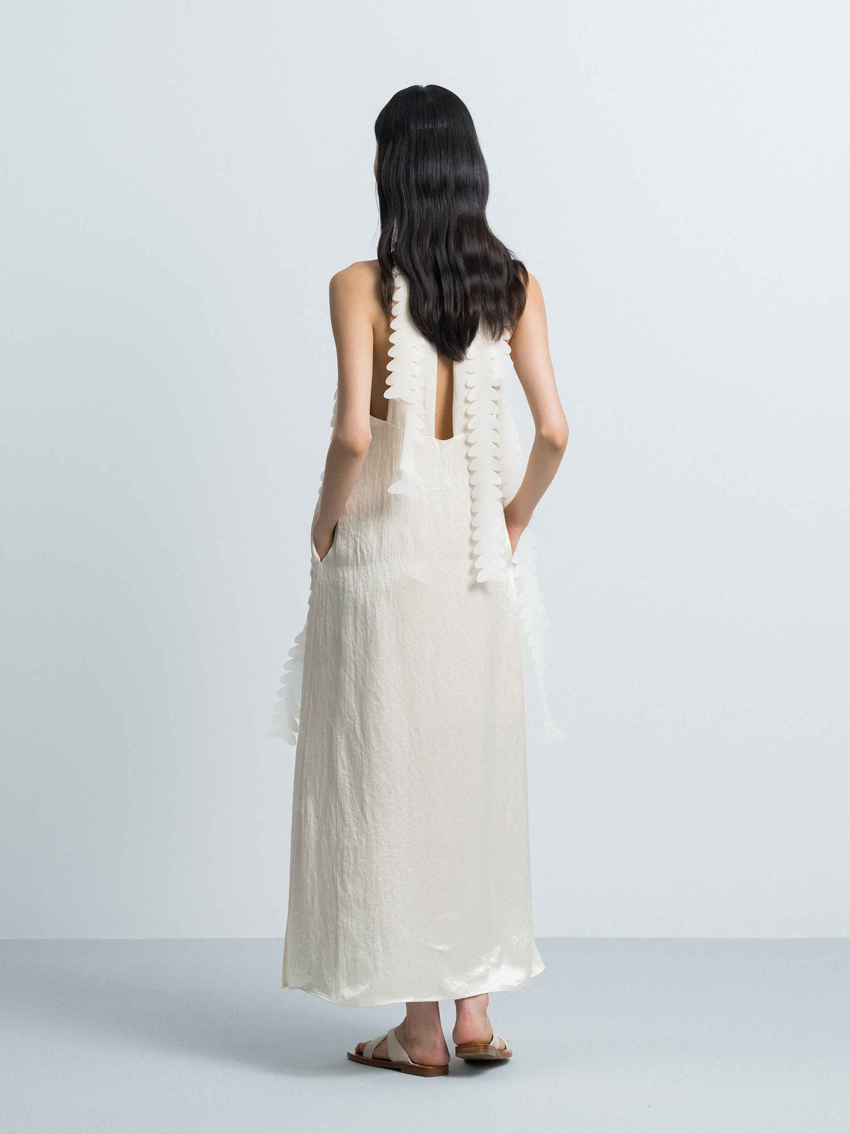 Cream White Acetate V-Neck Double Strap Floral Slip Dress