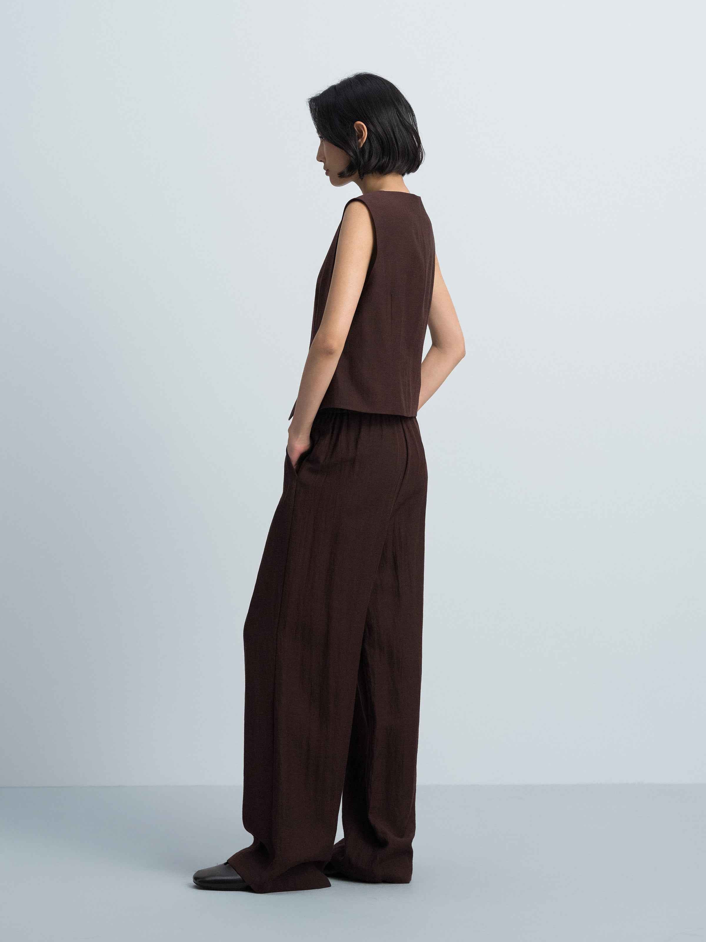 Coffee Brown Linen Blend Elastic Back Wide-Leg Trousers