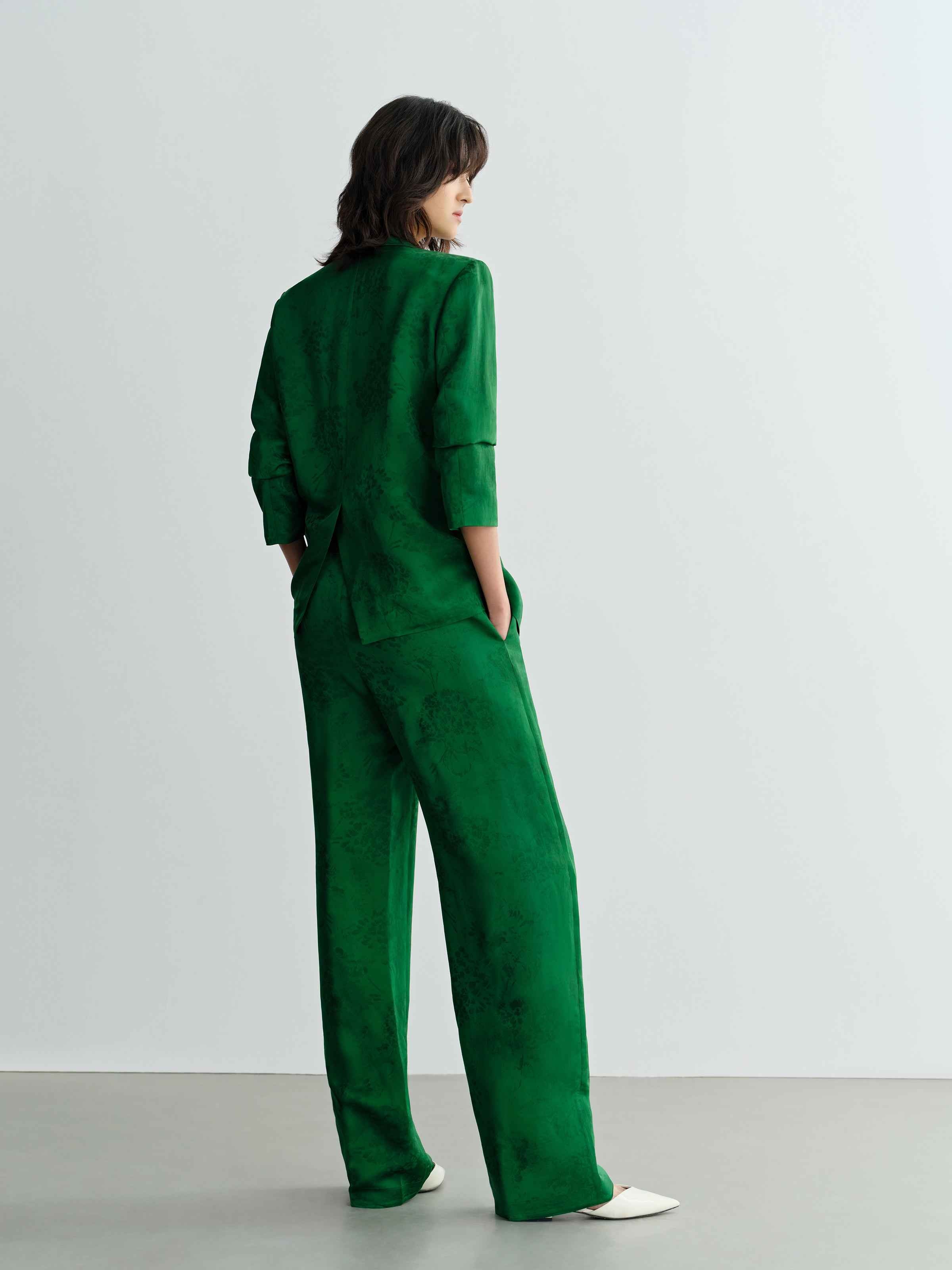 Green Mulberry Silk Jacquard Double Breasted Straight Blazer