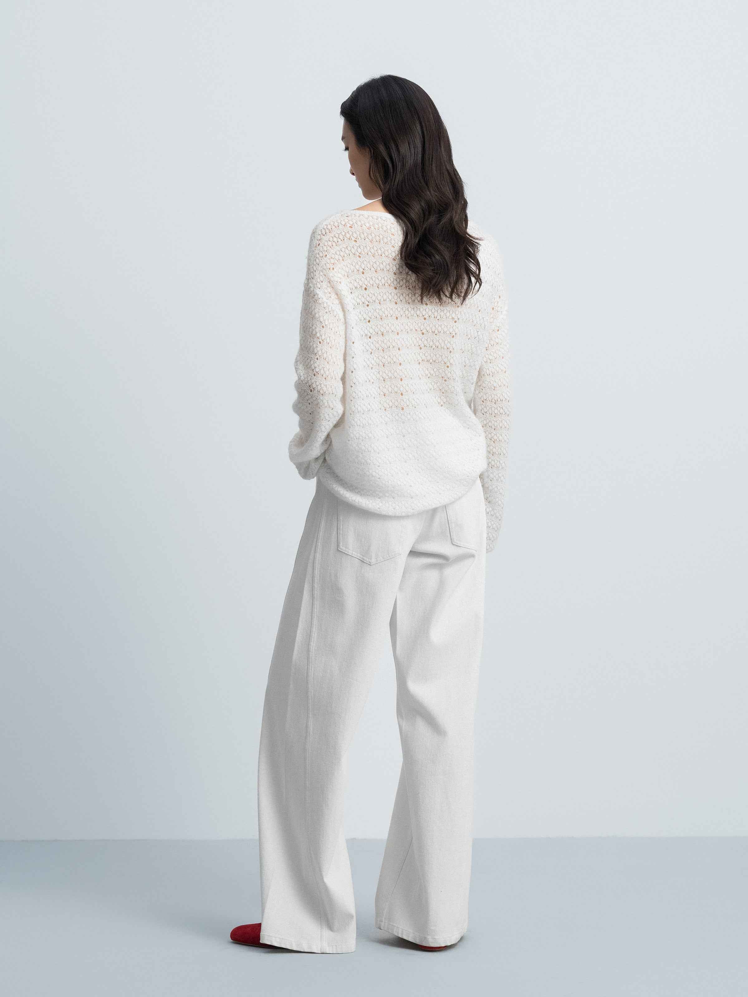 Off White Alpaca Wool Tencel Openwork Knit Pullover