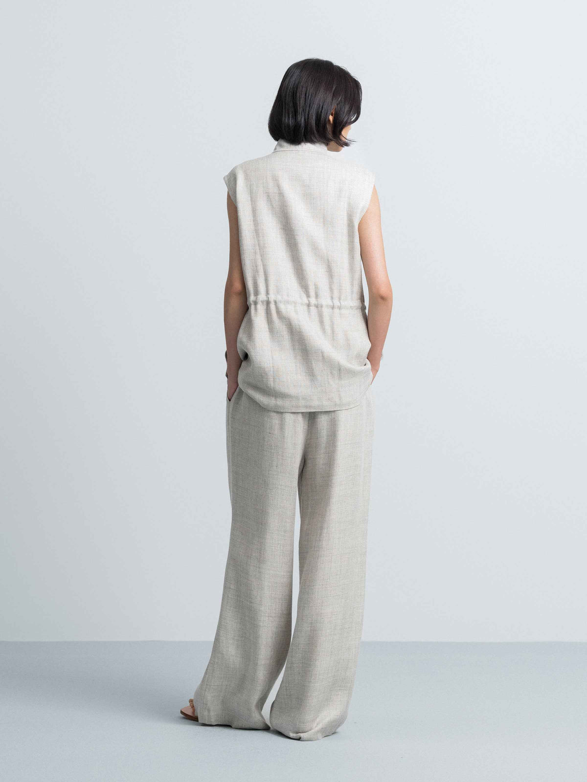 Light Gray Linen Viscose Stand Collar Midi Vest