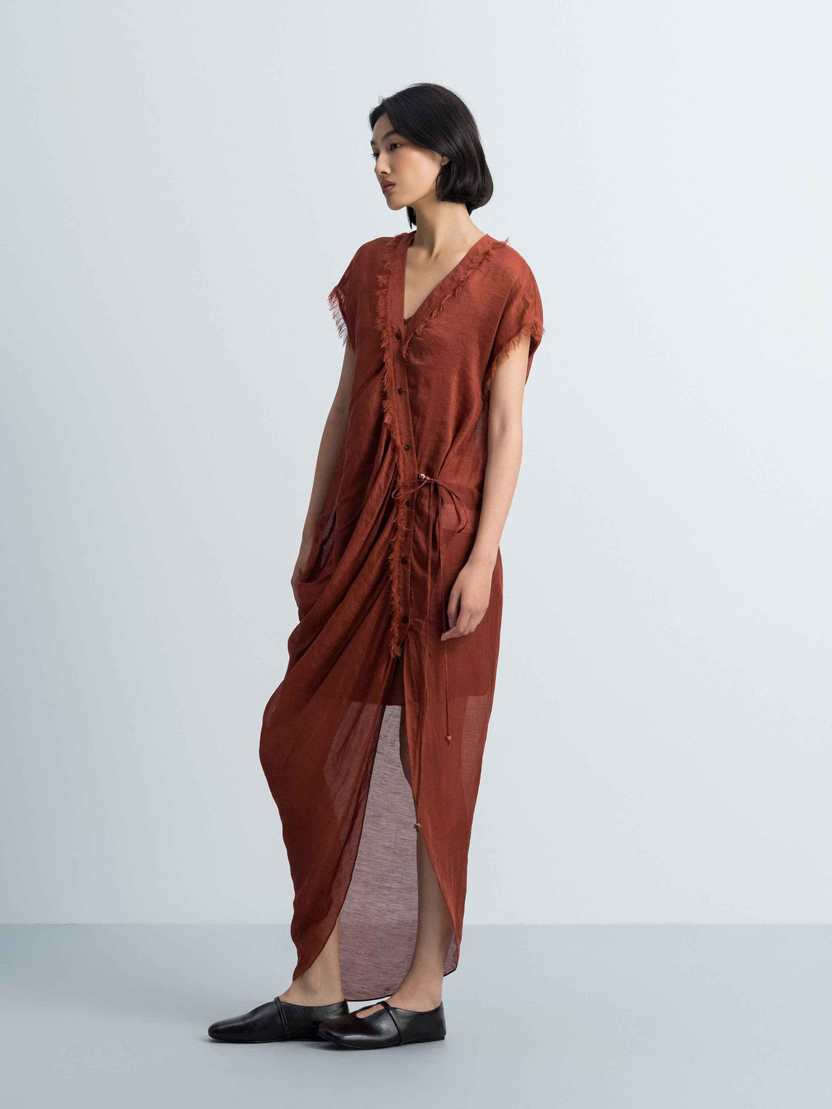 Dark Red Silk Linen Bead Tie V-Neck Cap Sleeve Dress