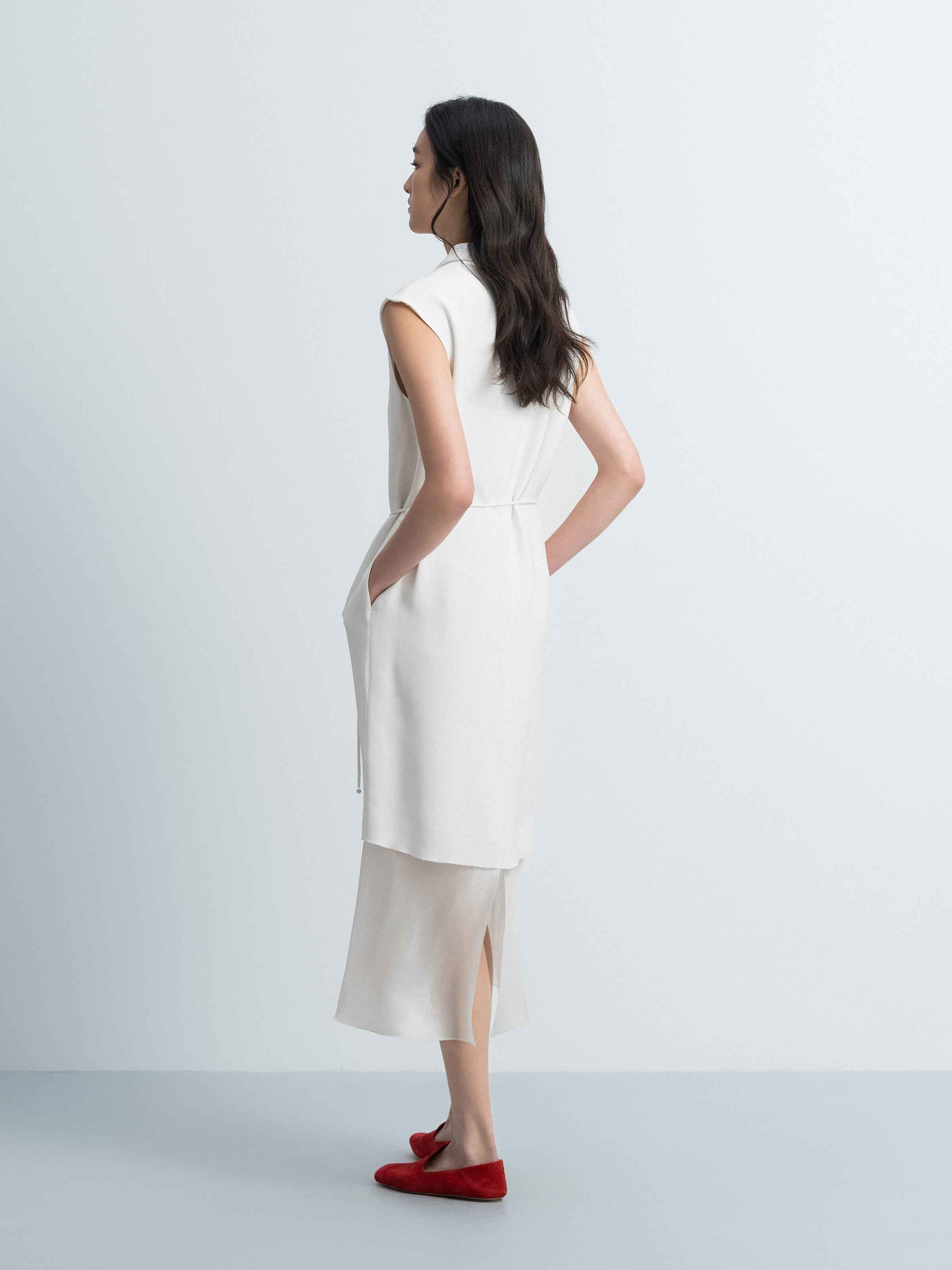 Cream White Mulberry Silk Draped Neck Sleeveless Dress