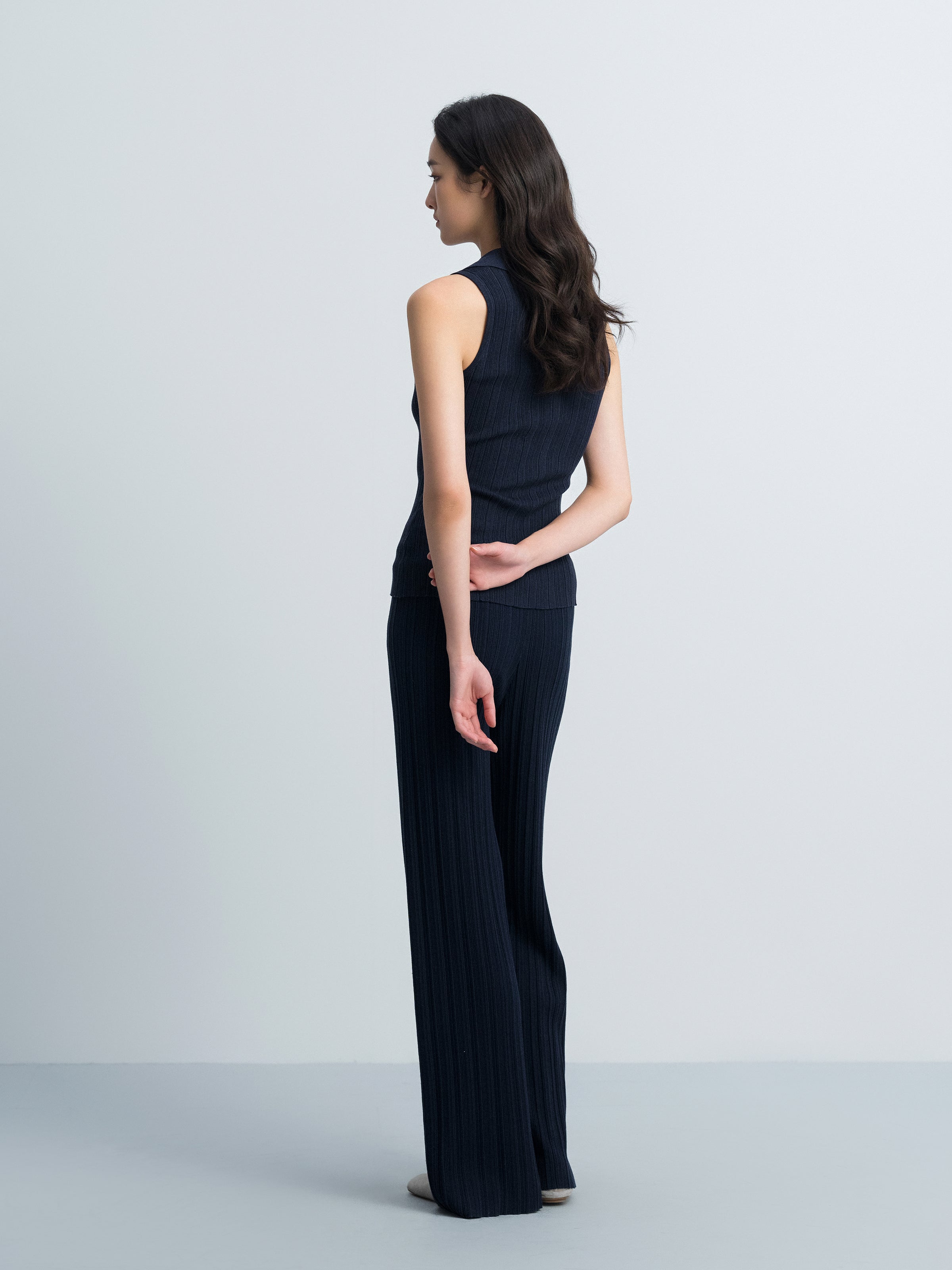 Navy Blue Tencel Acetate Straight Leg Minimalist Knit Trousers