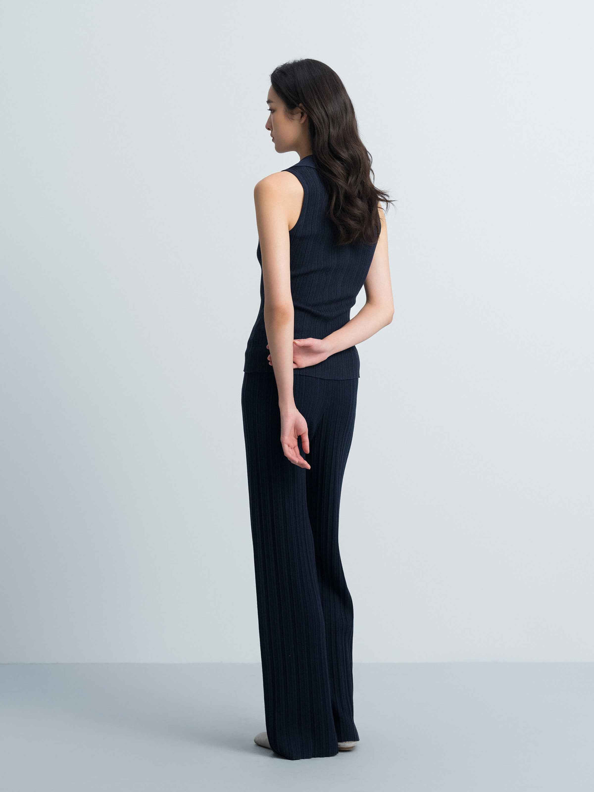 Navy Blue Tencel Acetate Straight Leg Minimalist Knit Trousers