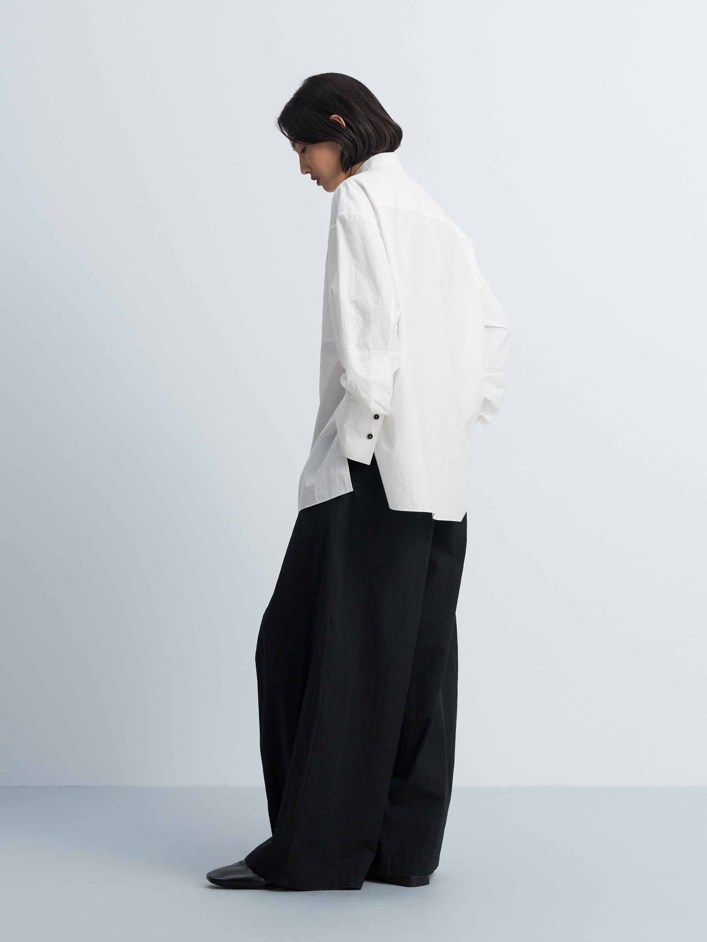 Off White Cotton Crinkle Contrast Button Side Slit Shirt