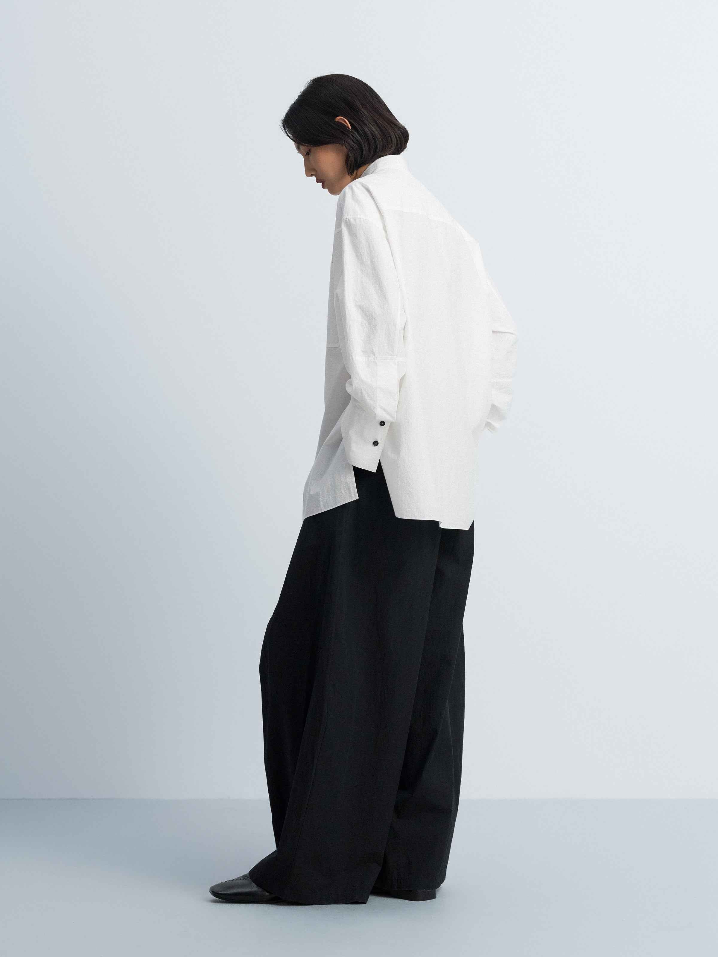 Off White Cotton Crinkle Contrast Button Side Slit Shirt