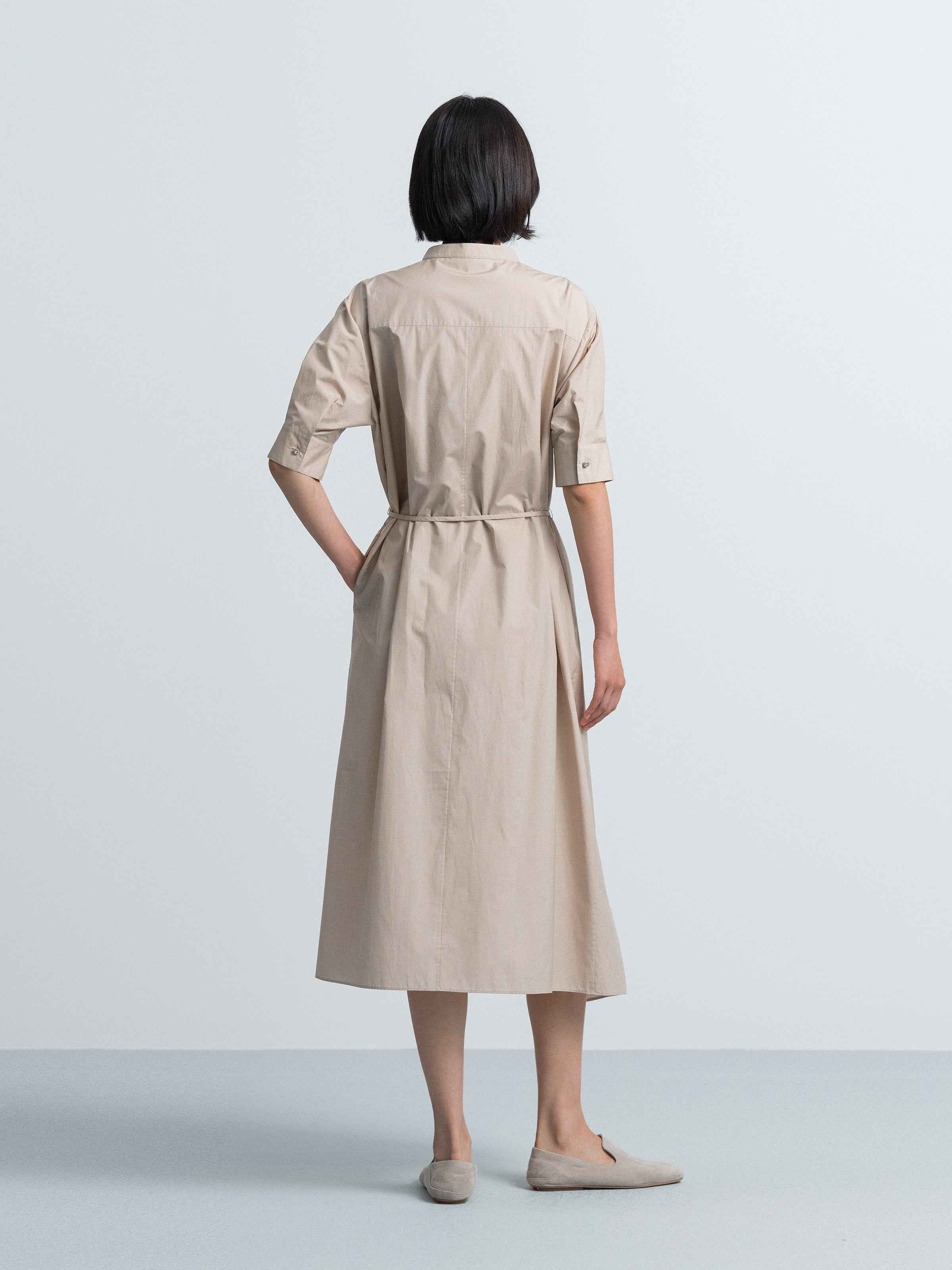 Light Khaki Cotton Poly A-Line Tie Neck Shirt Dress