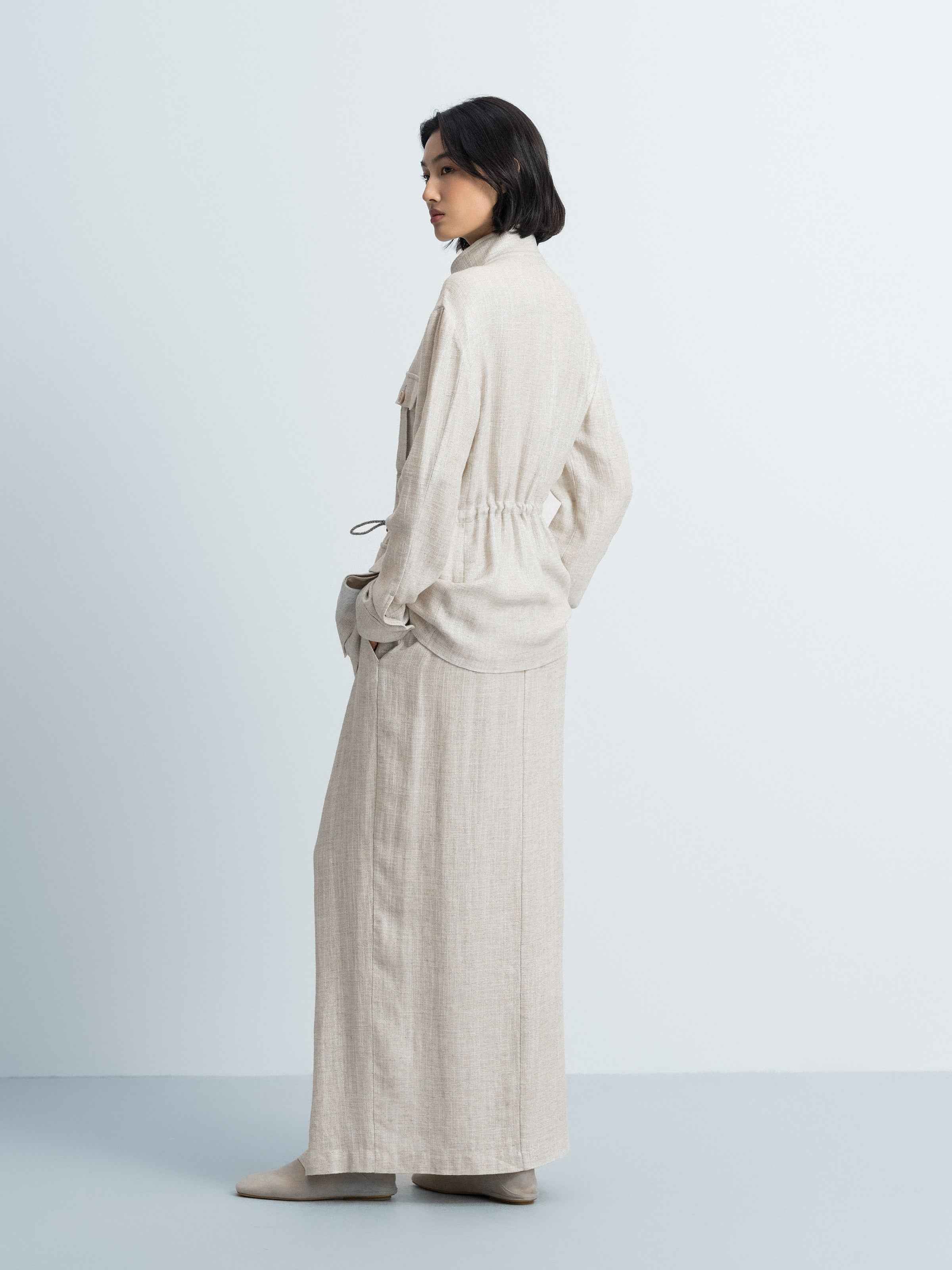 Beige Shimmering Linen Viscose Drawstring Stand Collar Jacket