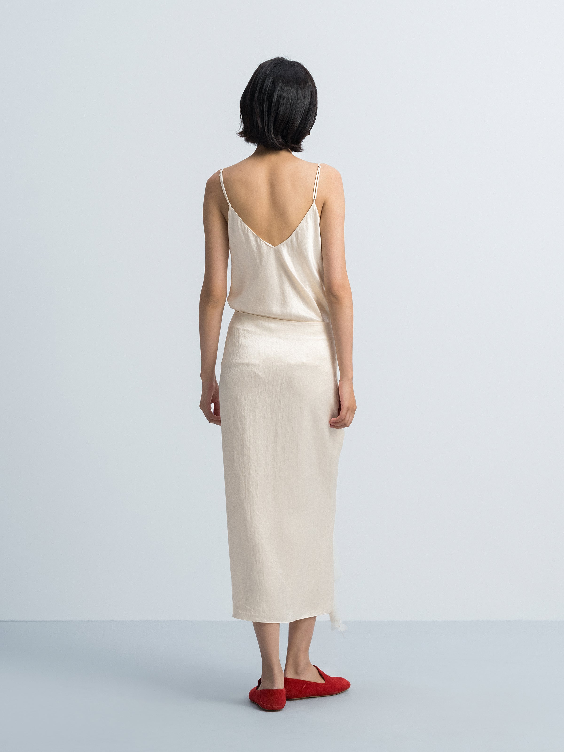 Cream White Acetate Ruched Waist Front Slit Midi Skirt