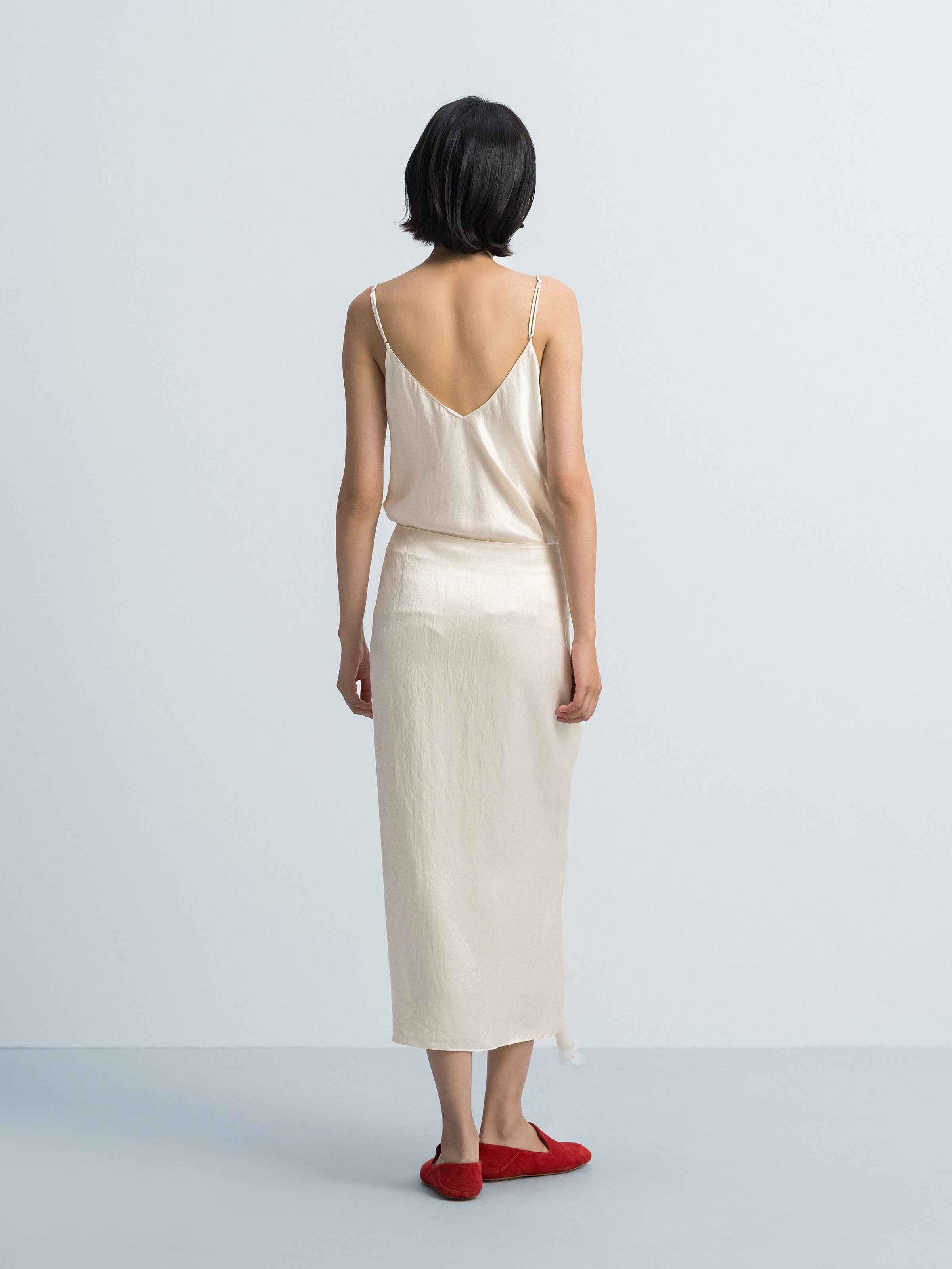Cream White Acetate Ruched Waist Front Slit Midi Skirt