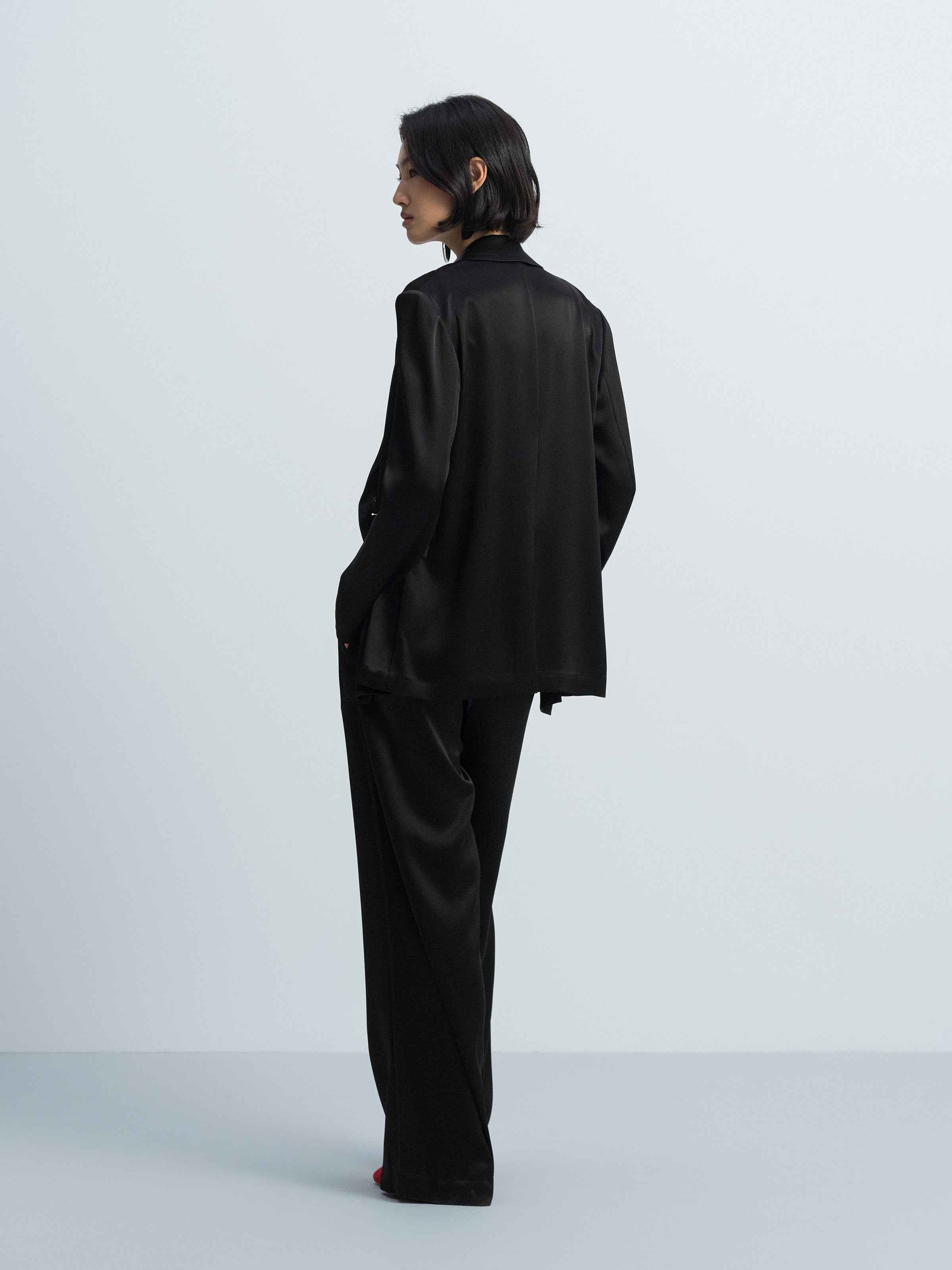 Black Triacetate Satin Classic Straight Blazer