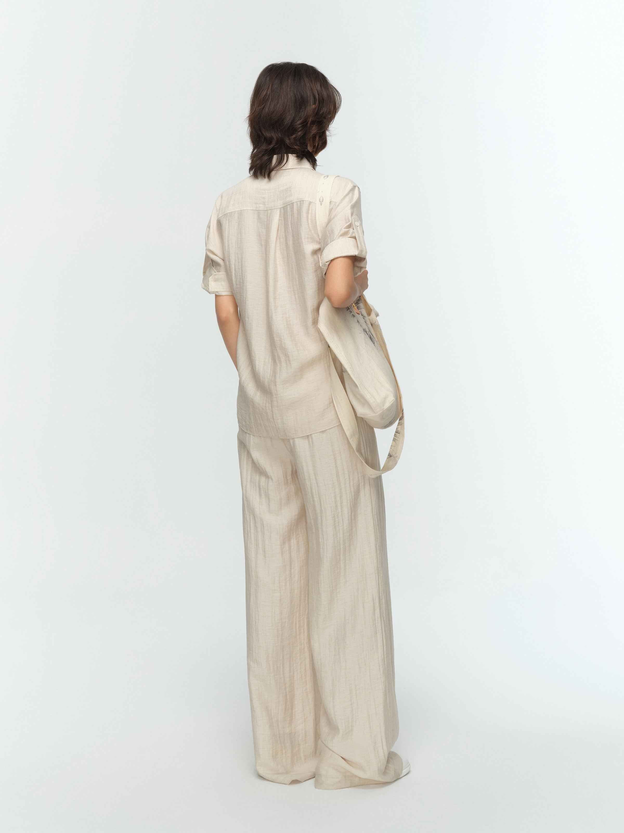 Cream White Linen Utility Pocket Straight Short-Sleeve Shirt