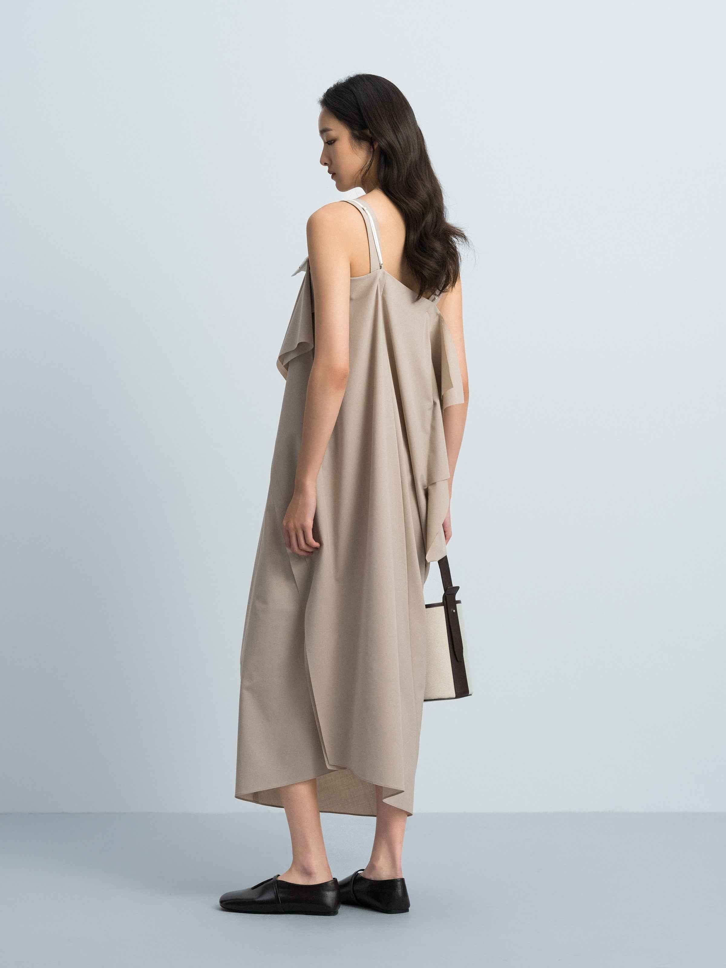 Light Khaki Worsted Wool Irregular Cocoon Strap Slip Dress