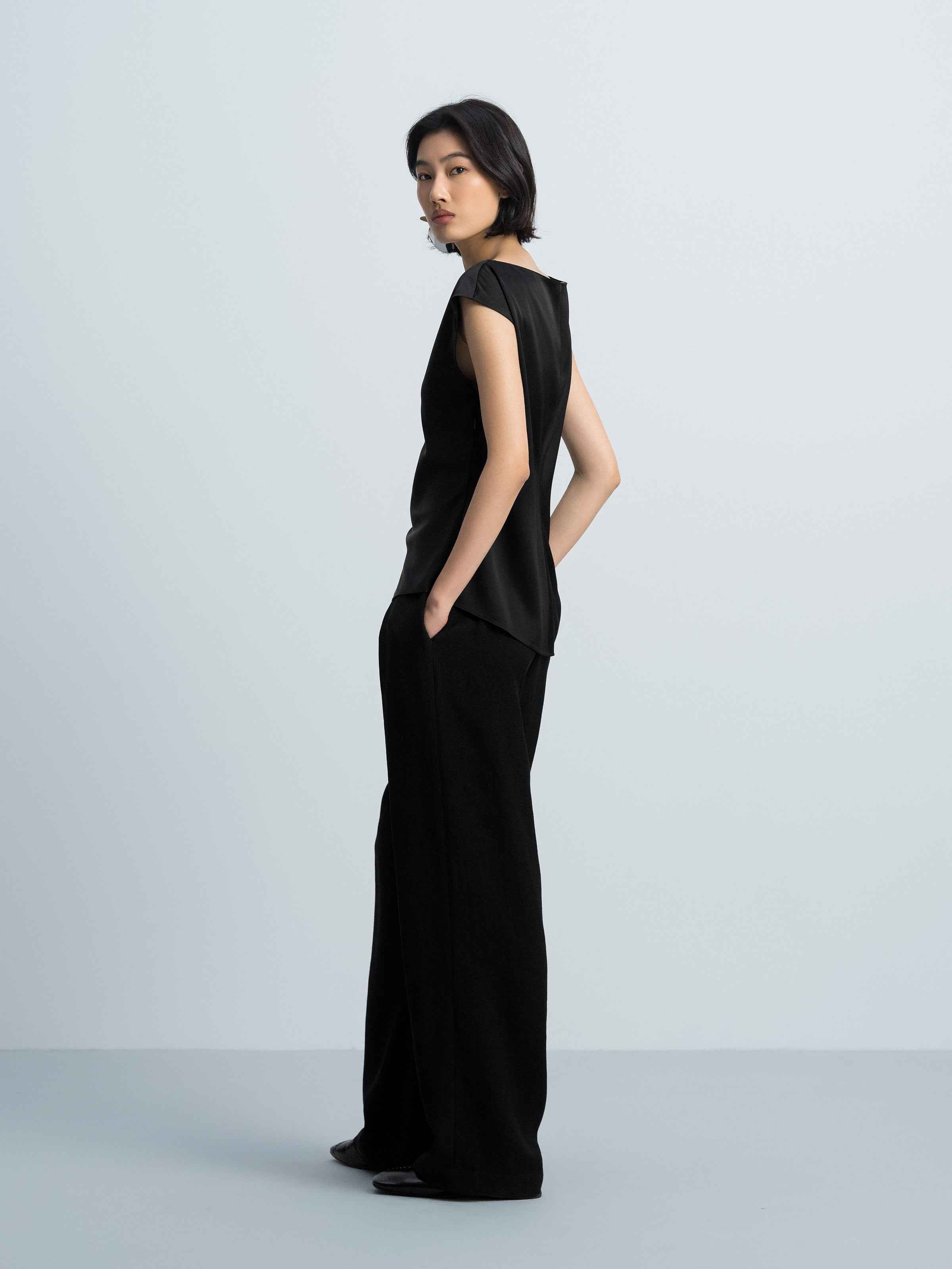 Black Acetate Satin Fitted Waist Cap Sleeve Top