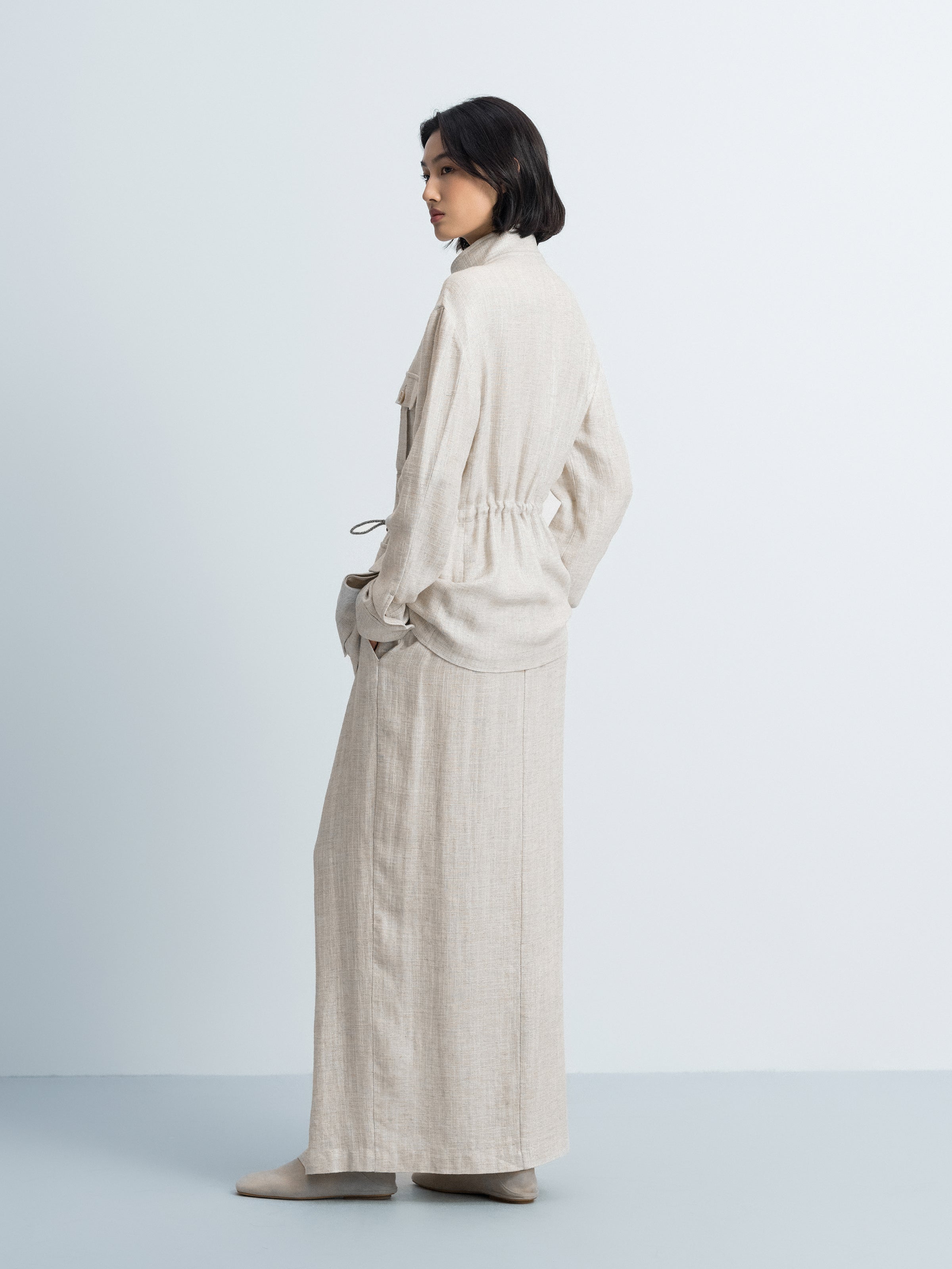 Beige Shimmering Linen Viscose Front Slit Midi Skirt