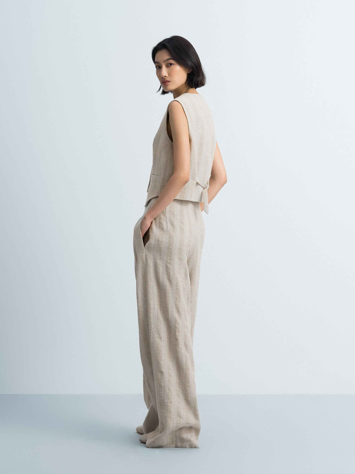 Beige Linen Cotton Striped Relaxed Wide-Leg Trousers
